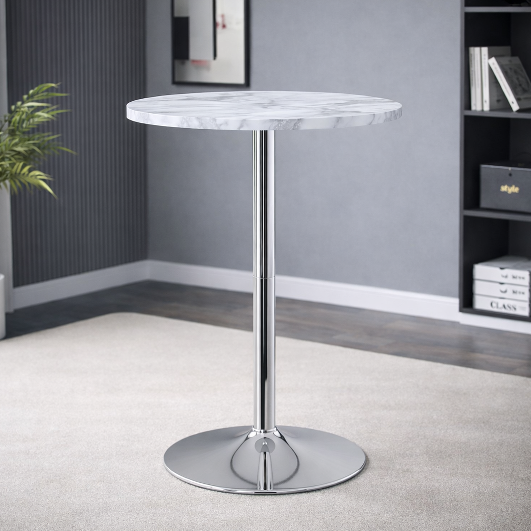 Wooden Bar Table Round in Marble Effect 106cm High With Chrome Base - Carrow