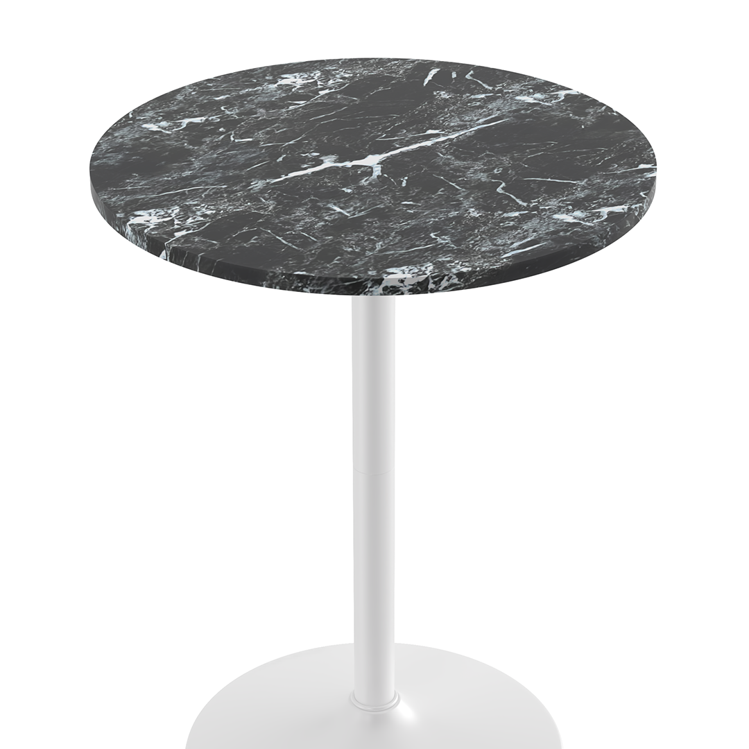 Wooden Bar Table Round in Marble Effect 106cm High With White Base - Carrow