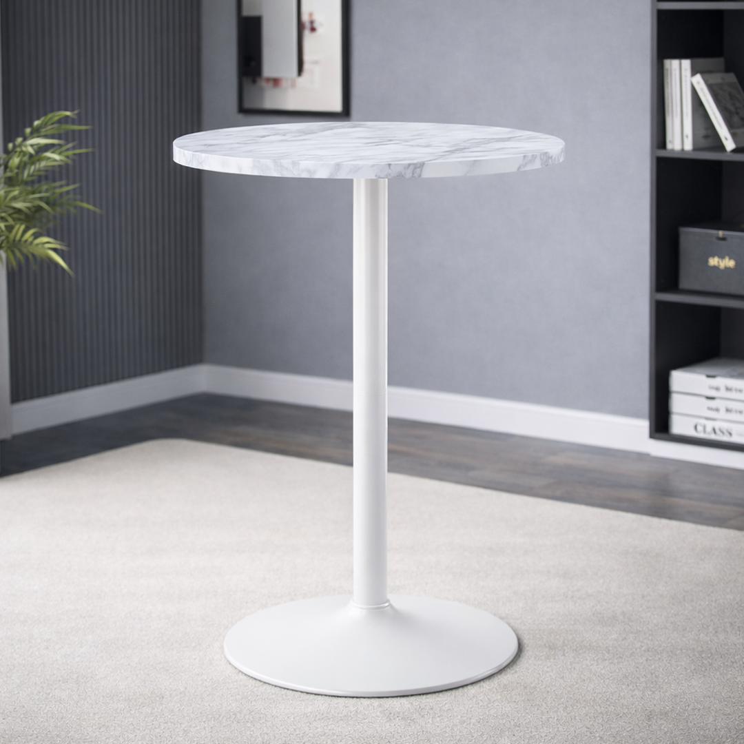 Wooden Bar Table Round in Marble Effect 96cm High With White Base - Carrow
