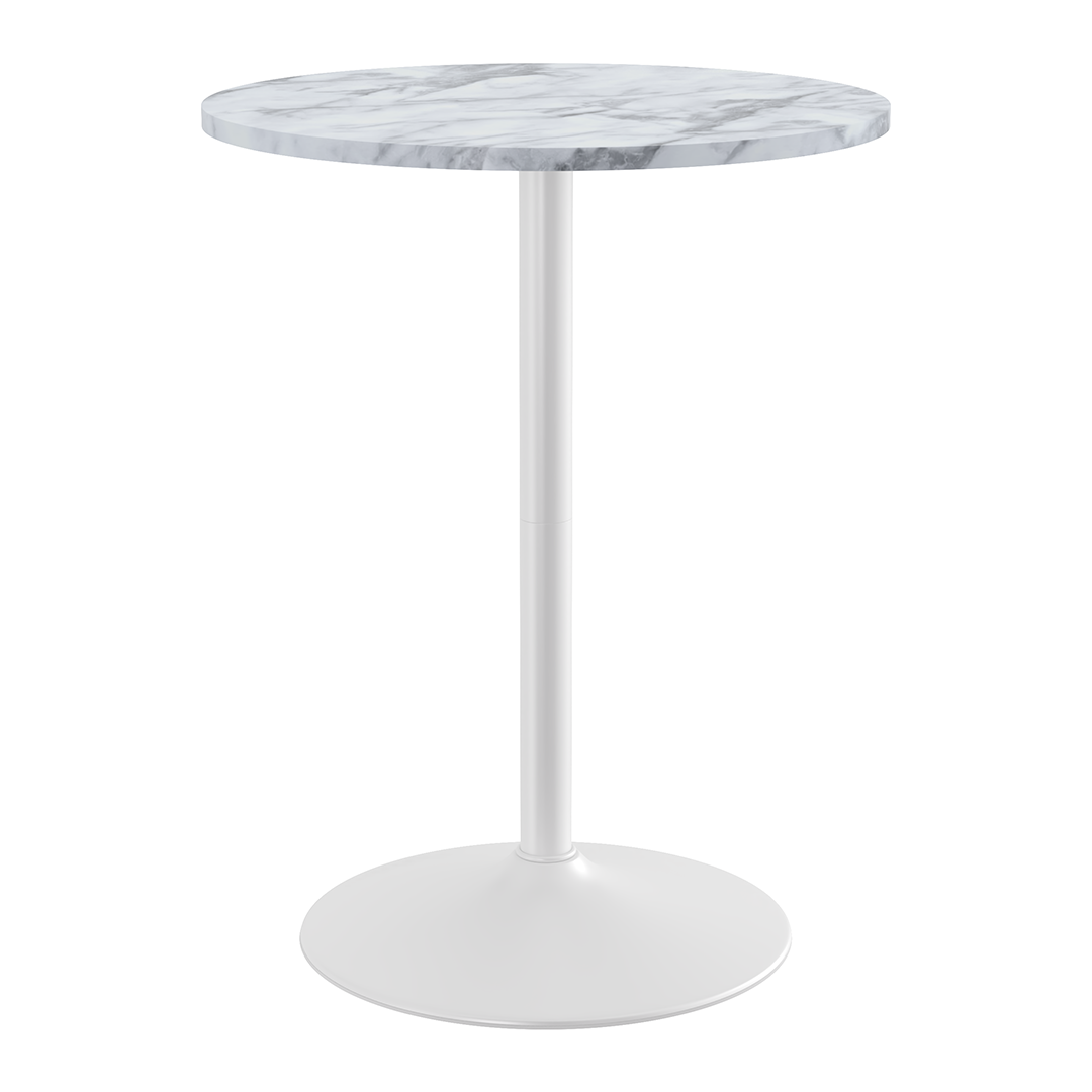 Wooden Bar Table Round in Marble Effect 96cm High With White Base - Carrow