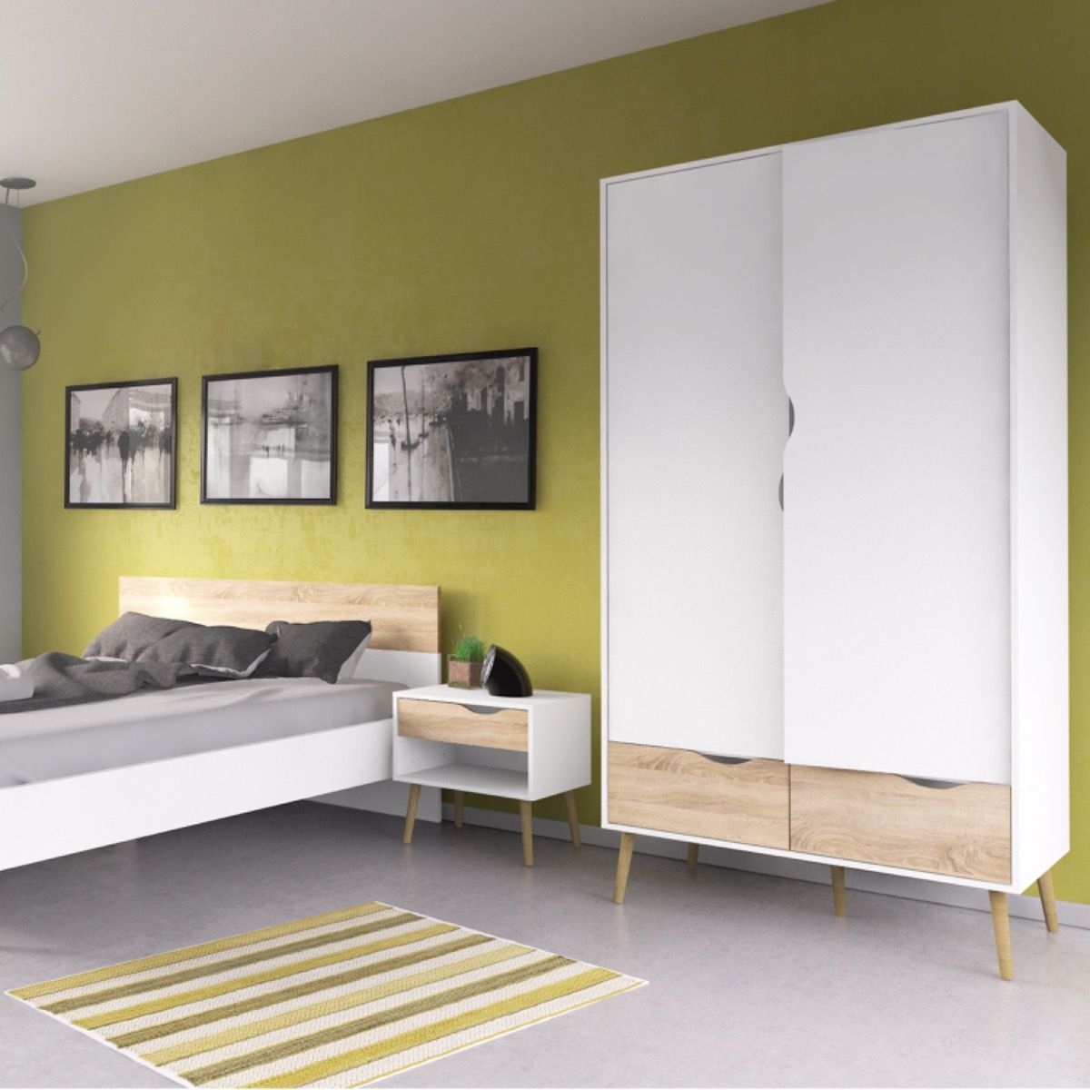 Wooden Bedroom Furniture Set 3 Piece With Bedside And 2 Doors Wardrobe - Oslo