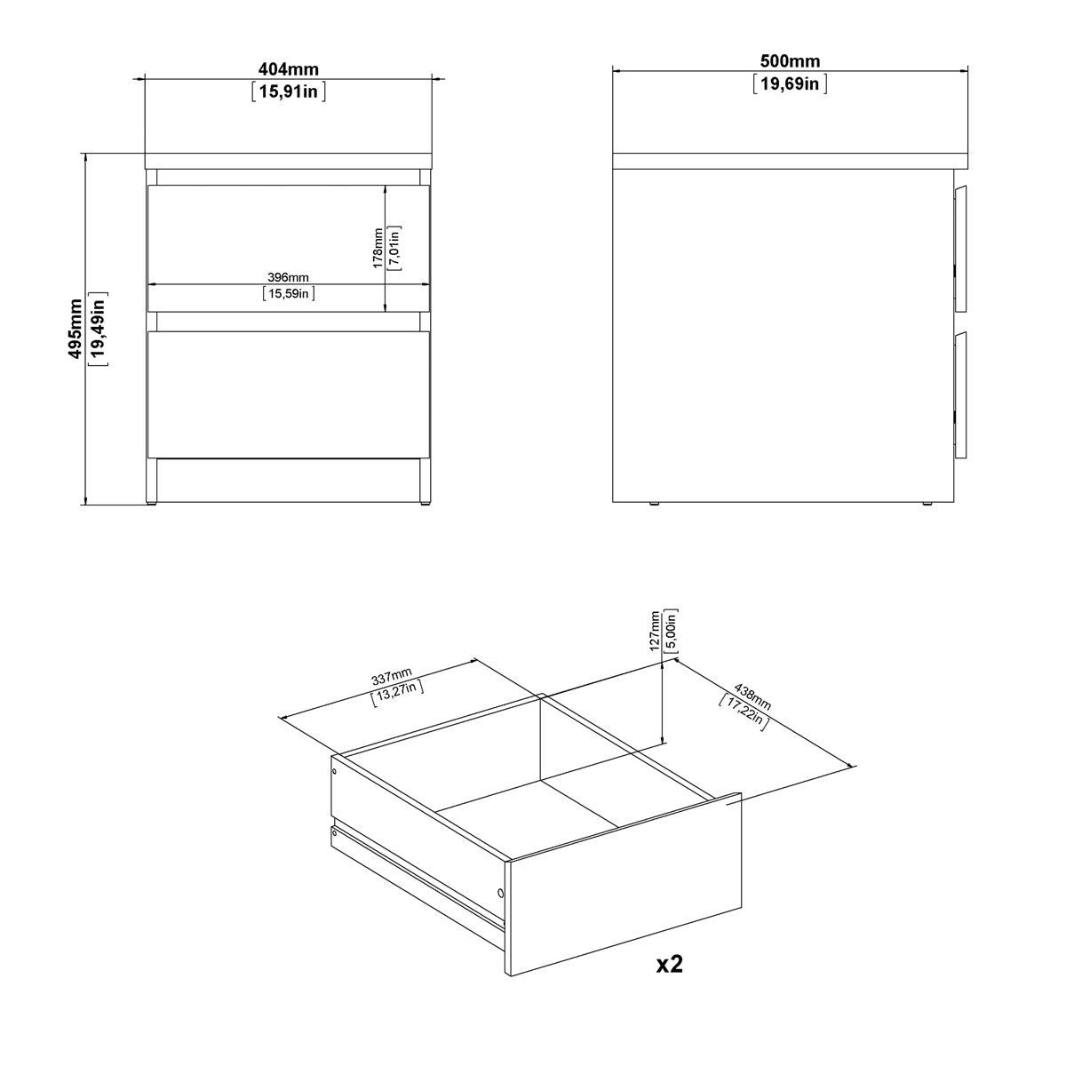 Wooden Bedside Cabinet With 2 Drawers - Naia