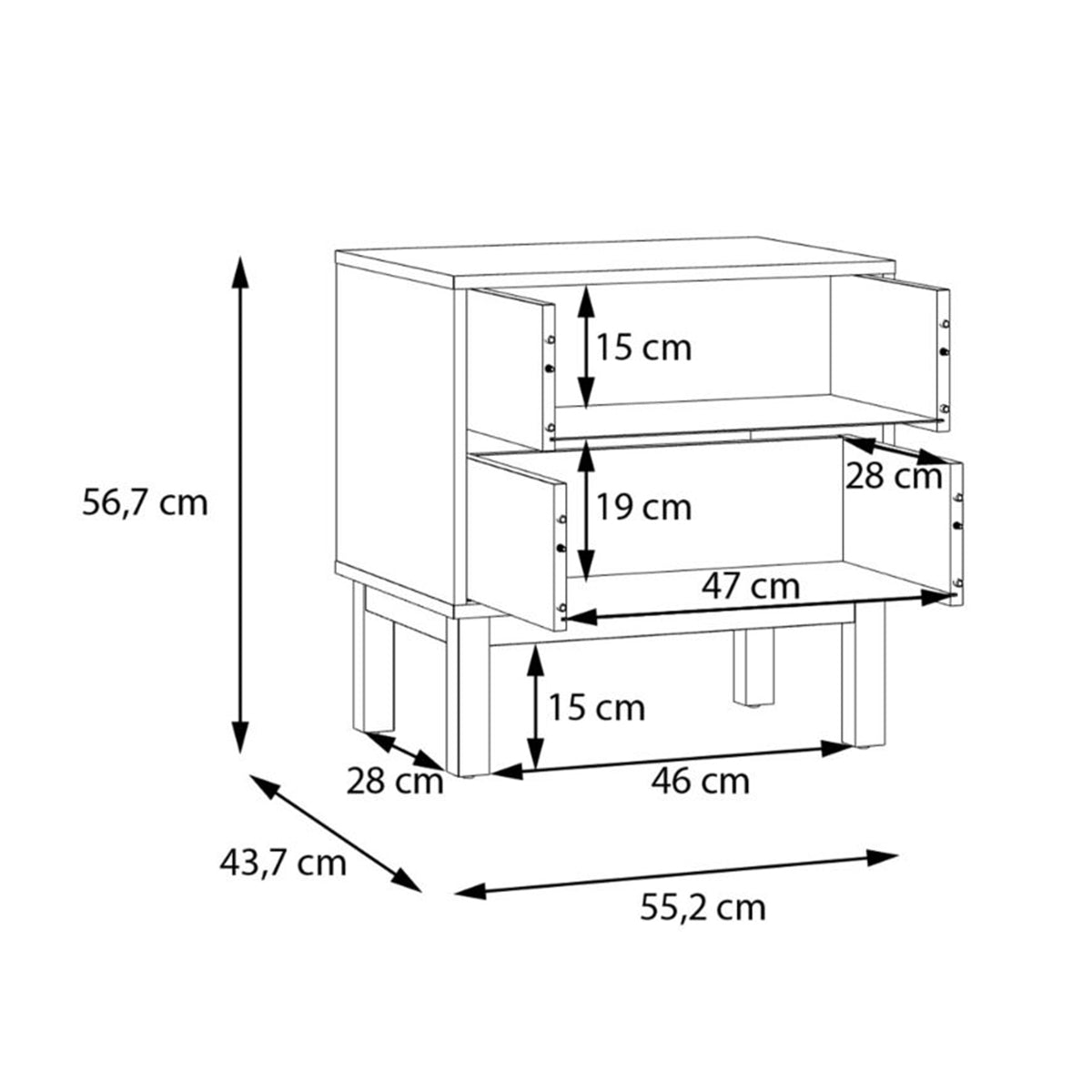 Wooden Bedside Cabinet With 2 Drawers - Wensley