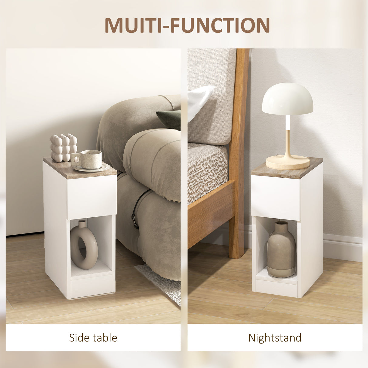 Wooden Bedside Cabinet 20cm Wide With 2 Drawers - Velmora