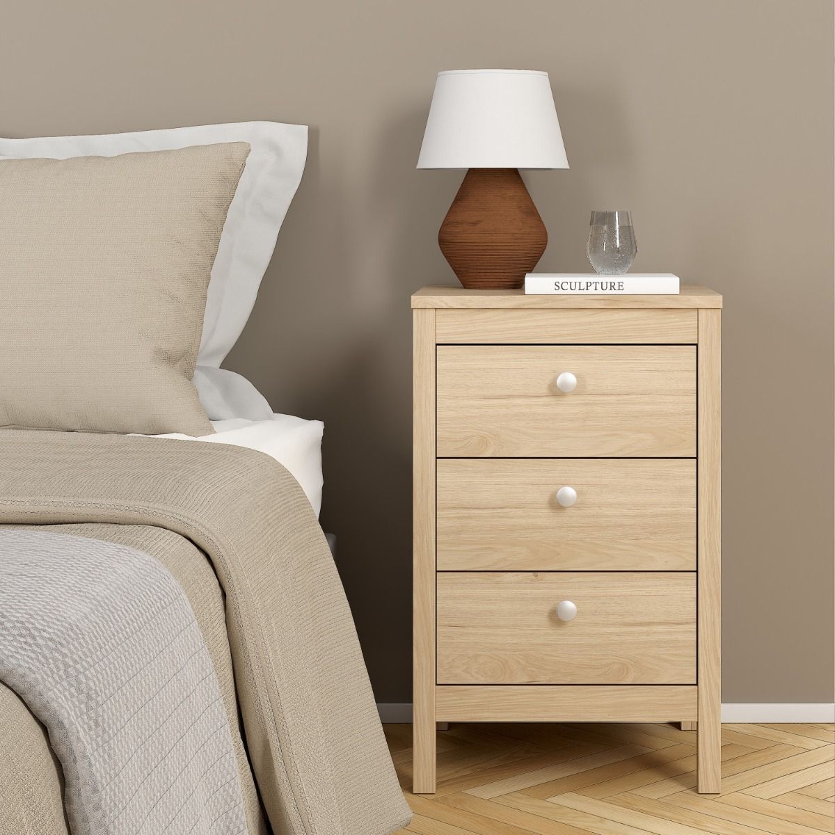 Wooden Bedside Cabinet With 3 Drawers - Madrid