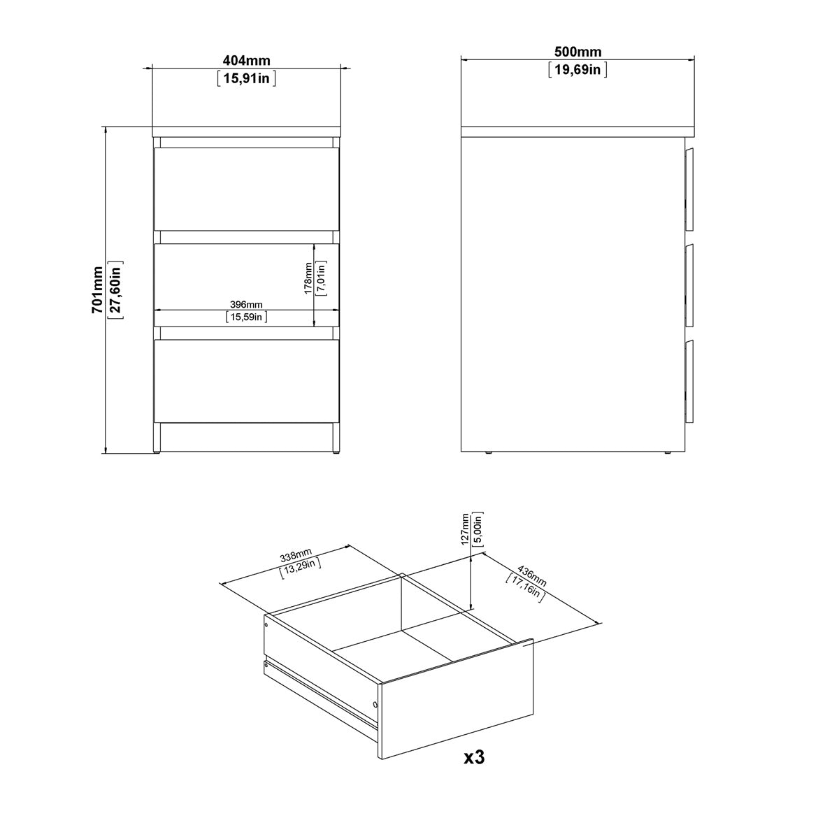 Wooden Bedside Cabinet With 3 Drawers - Naia