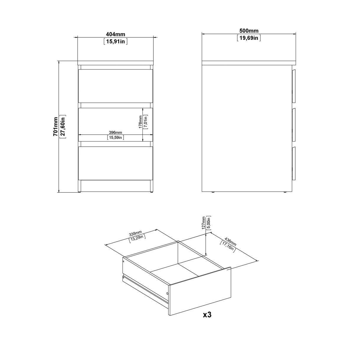 Wooden Bedside Cabinet With 3 Drawers - Naia