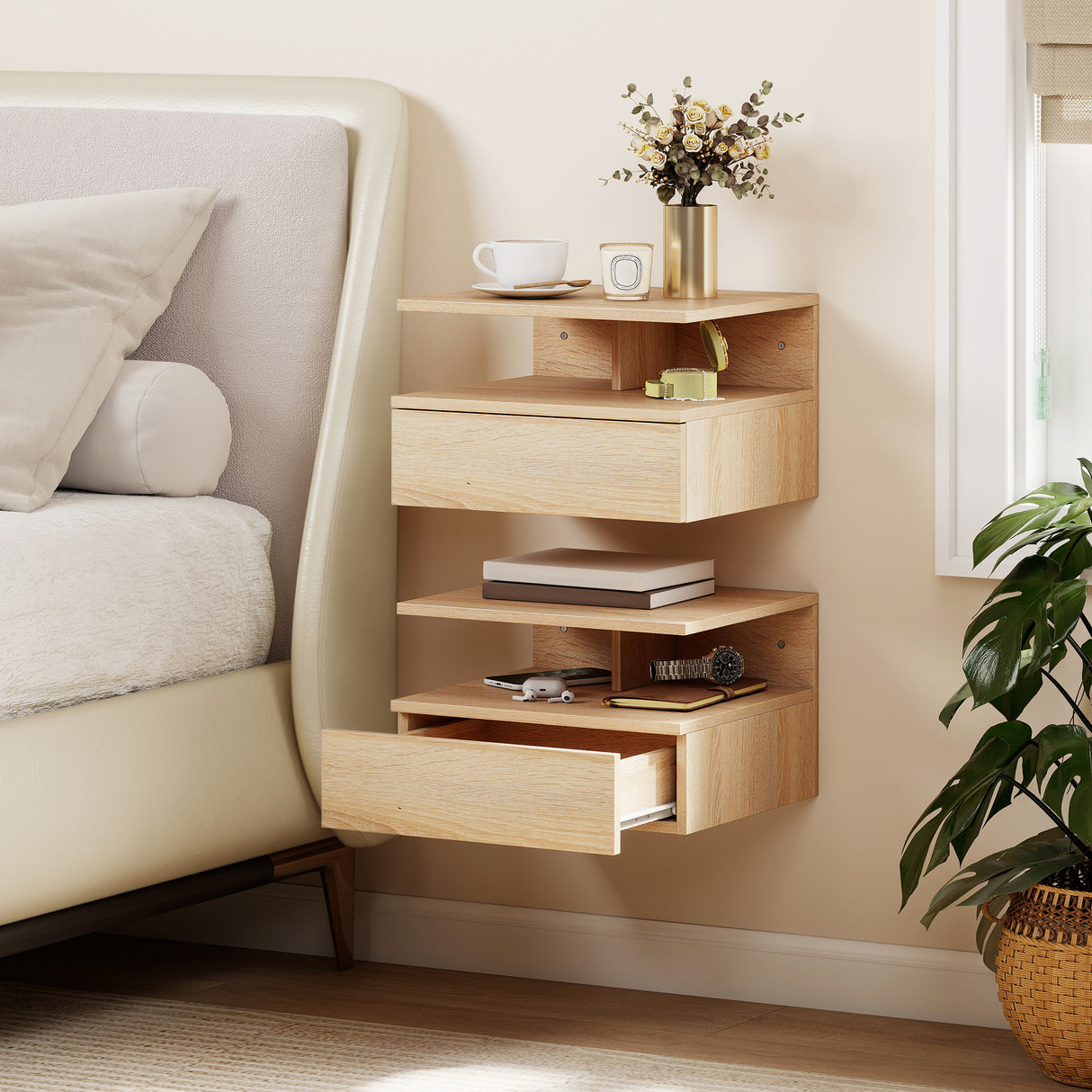 Wooden Bedside Cabinet 35cm Wide Wall Hung With 1 Drawer - Velmora