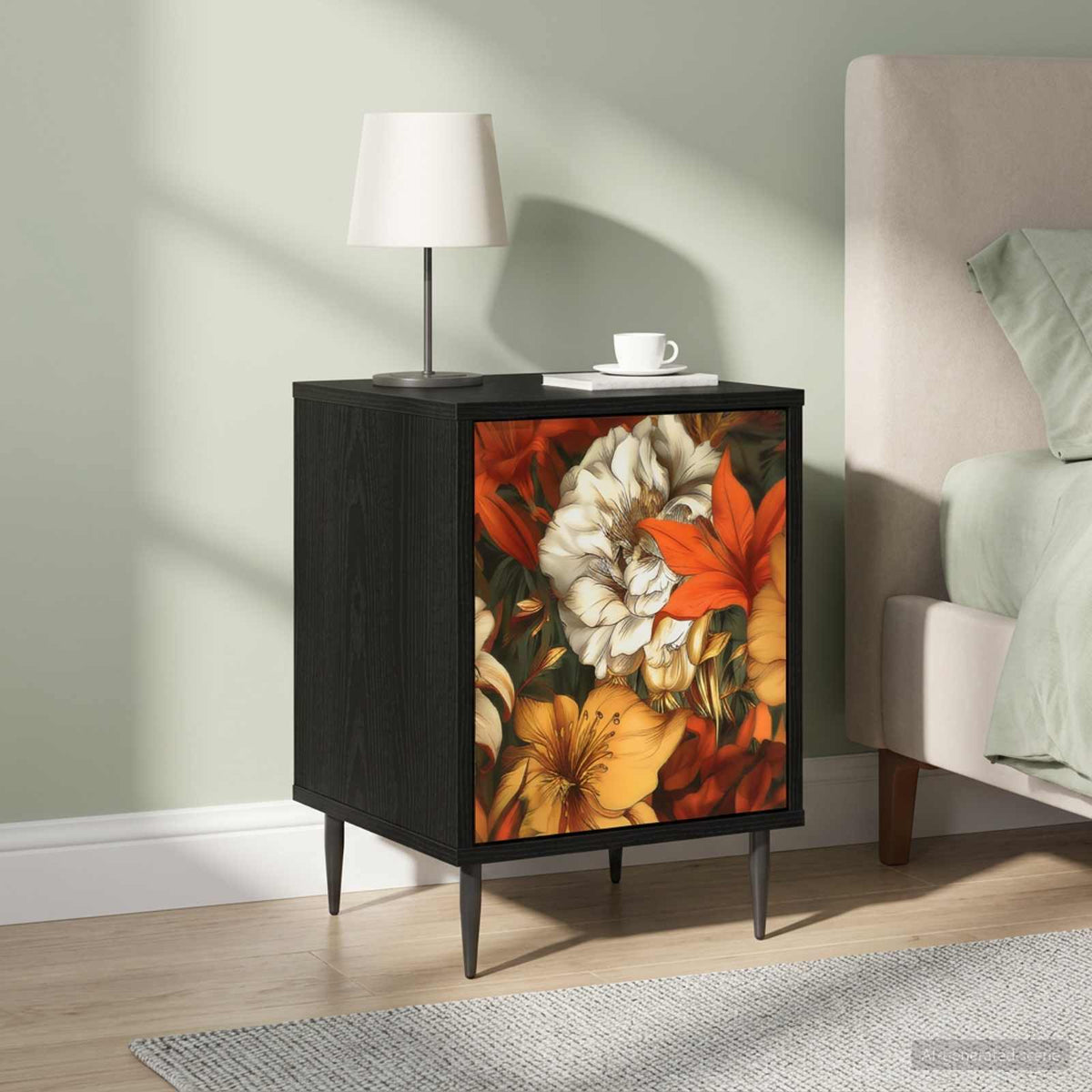 Wooden Bedside Cabinet 36cm Wide With 1 Door And Raised Feet in Set Of 2 - Gennep