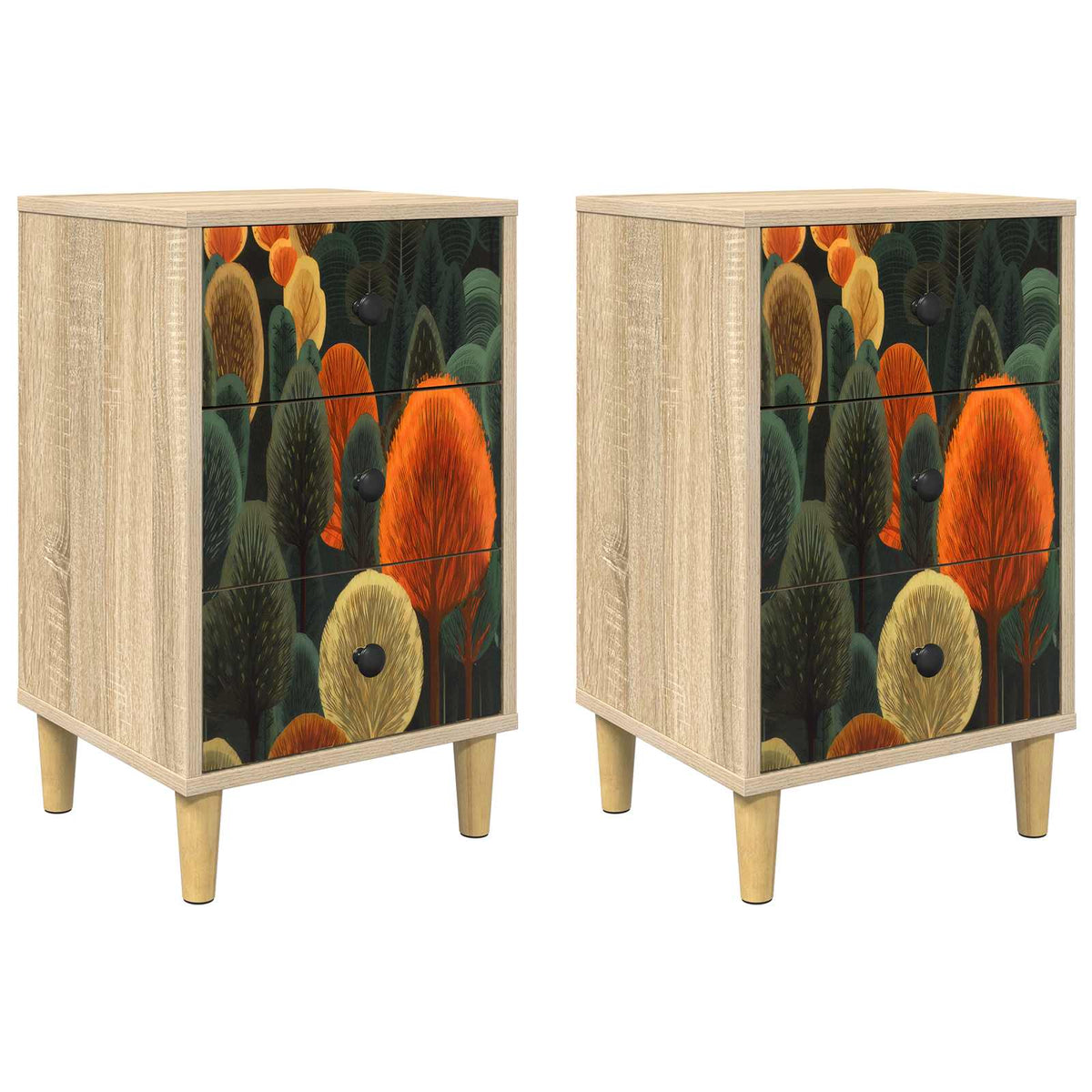 Wooden Bedside Cabinet 36cm Wide With 3 Drawers in Set Of 2 - Bonn