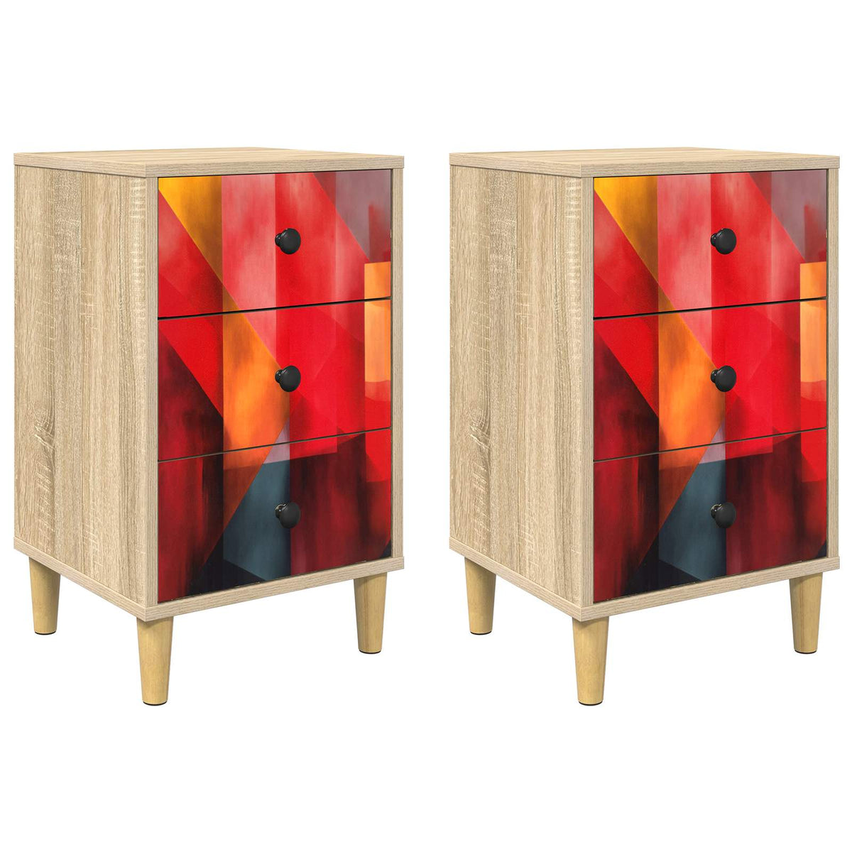 Wooden Bedside Cabinet 36cm Wide With 3 Drawers in Set Of 2 - Heesch