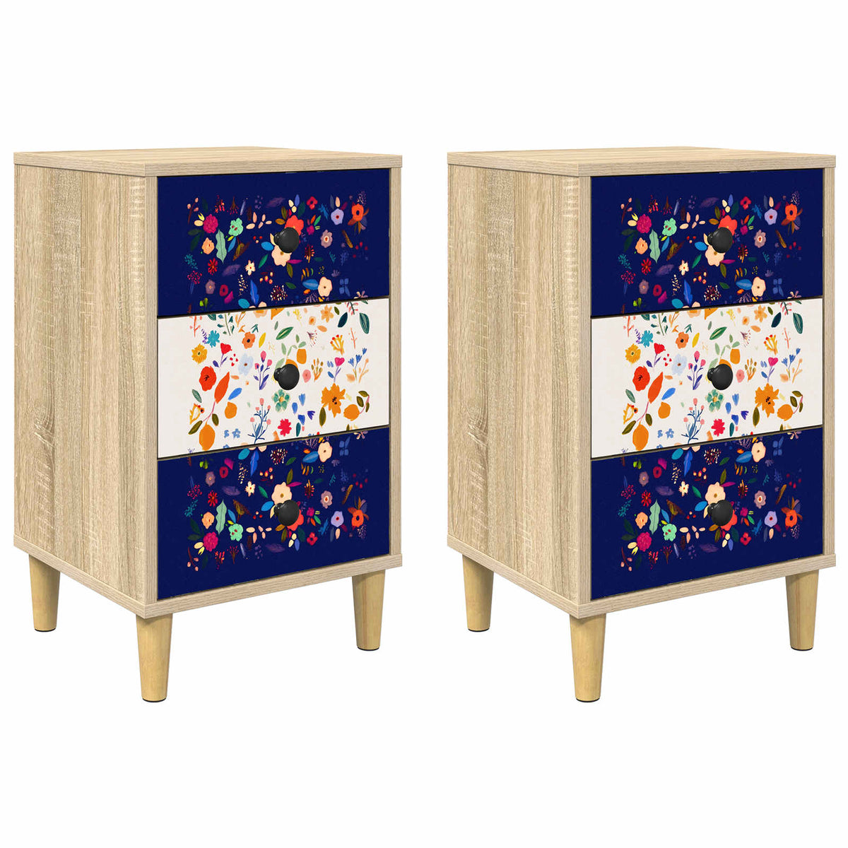 Wooden Bedside Cabinet 36cm Wide With 3 Drawers in Set Of 2 - Mainz