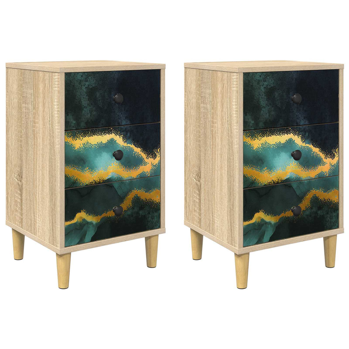 Wooden Bedside Cabinet 36cm Wide With 3 Drawers in Set Of 2 - Wijhe