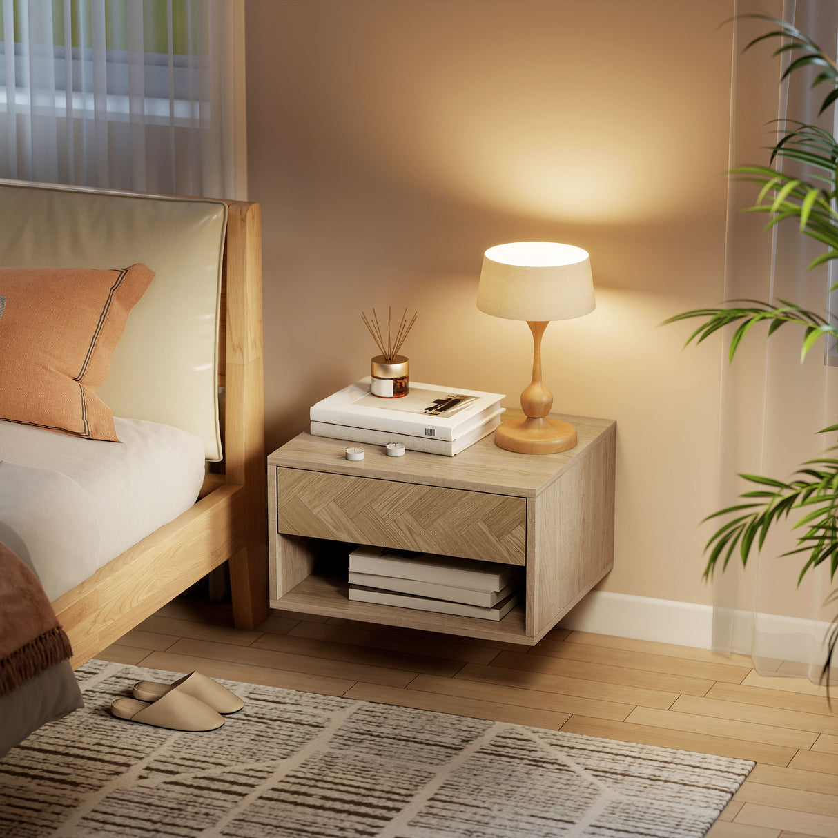 Wooden Bedside Cabinet 37cm Wide Wall Hung With 1 Drawer in Set Of 2 - Velmora