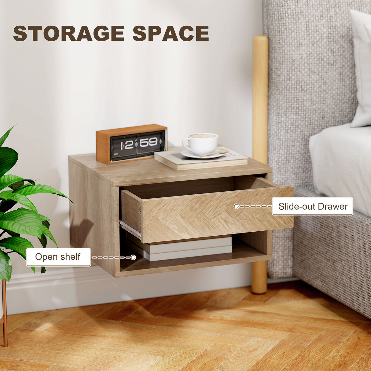 Wooden Bedside Cabinet 37cm Wide Wall Hung With 1 Drawer in Set Of 2 - Velmora