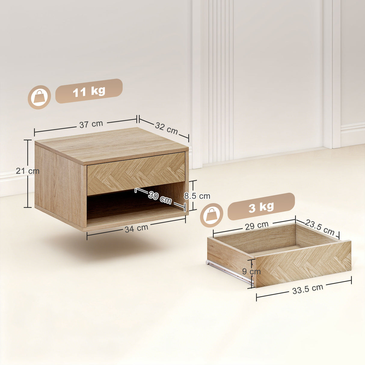 Wooden Bedside Cabinet 37cm Wide Wall Hung With 1 Drawer in Set Of 2 - Velmora