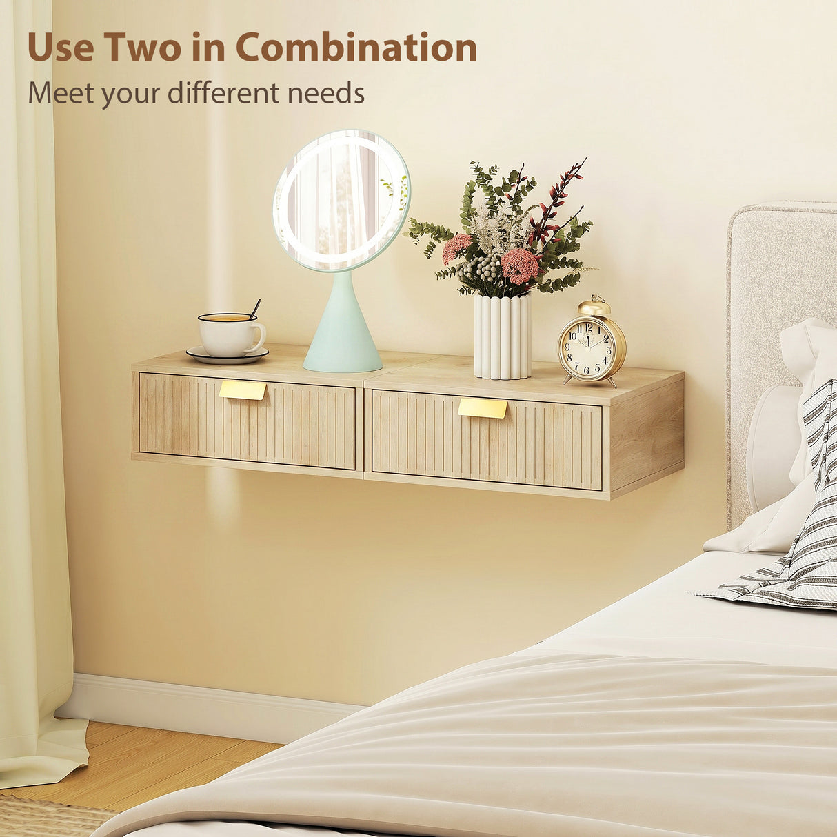 Wooden Bedside Cabinet 40cm Wide Wall Hung With 1 Drawer And Alloy Handle in Set Of 2 - Velmora