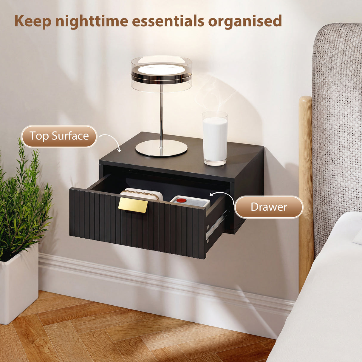Wooden Bedside Cabinet 40cm Wide Wall Hung With 1 Drawer And Alloy Handle in Set Of 2 - Velmora