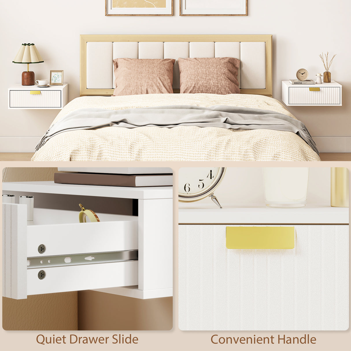 Wooden Bedside Cabinet 40cm Wide Wall Hung With 1 Drawer And Alloy Handle in Set Of 2 - Velmora