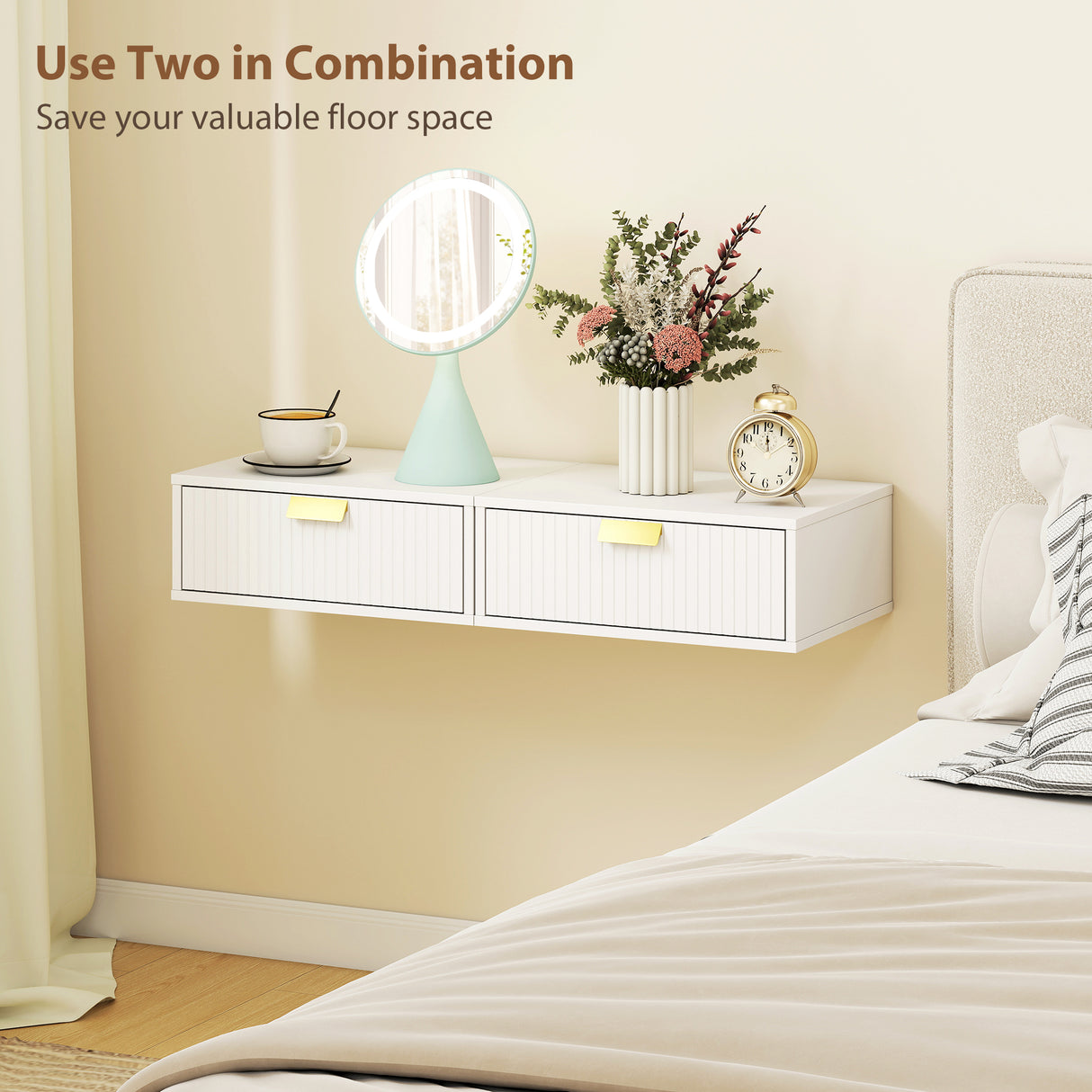 Wooden Bedside Cabinet 40cm Wide Wall Hung With 1 Drawer And Alloy Handle in Set Of 2 - Velmora