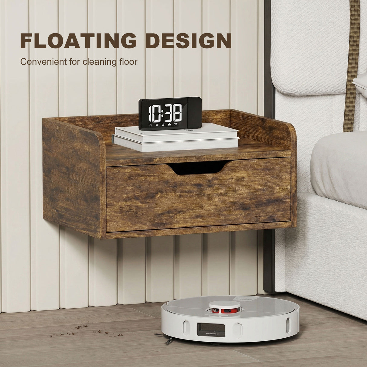 Wooden Bedside Cabinet 40cm Wide Wall Hung With 1 Drawer in Set Of 2 - Velmora