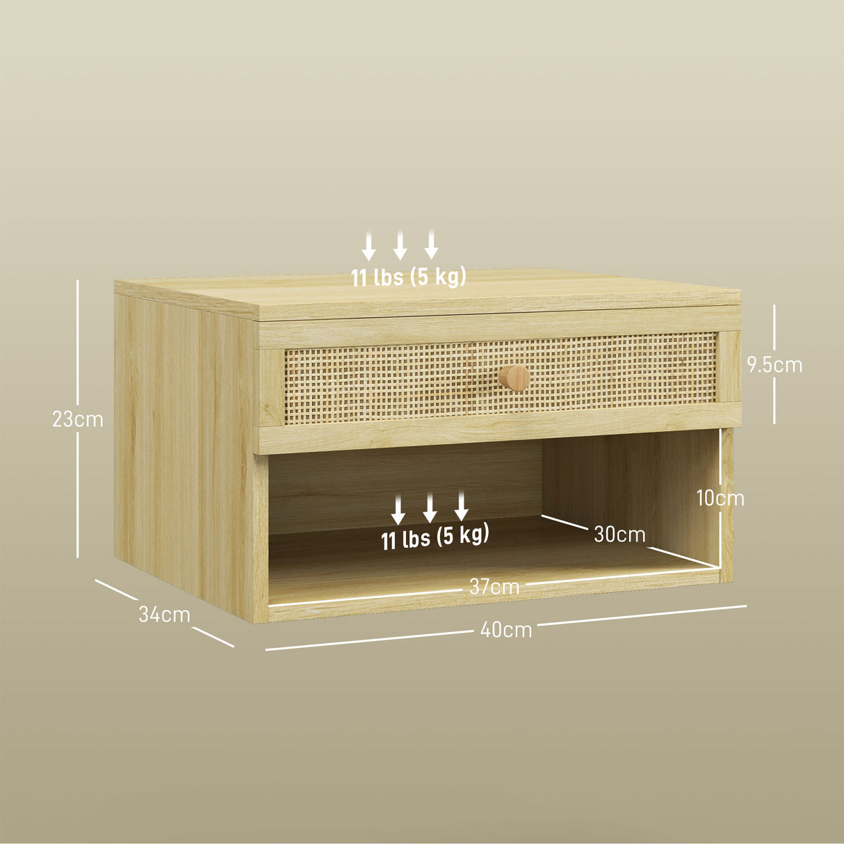 Wooden Bedside Cabinet 40cm Wide Wall Hung With 1 Rattan Drawer in Set Of 2 - Velmora