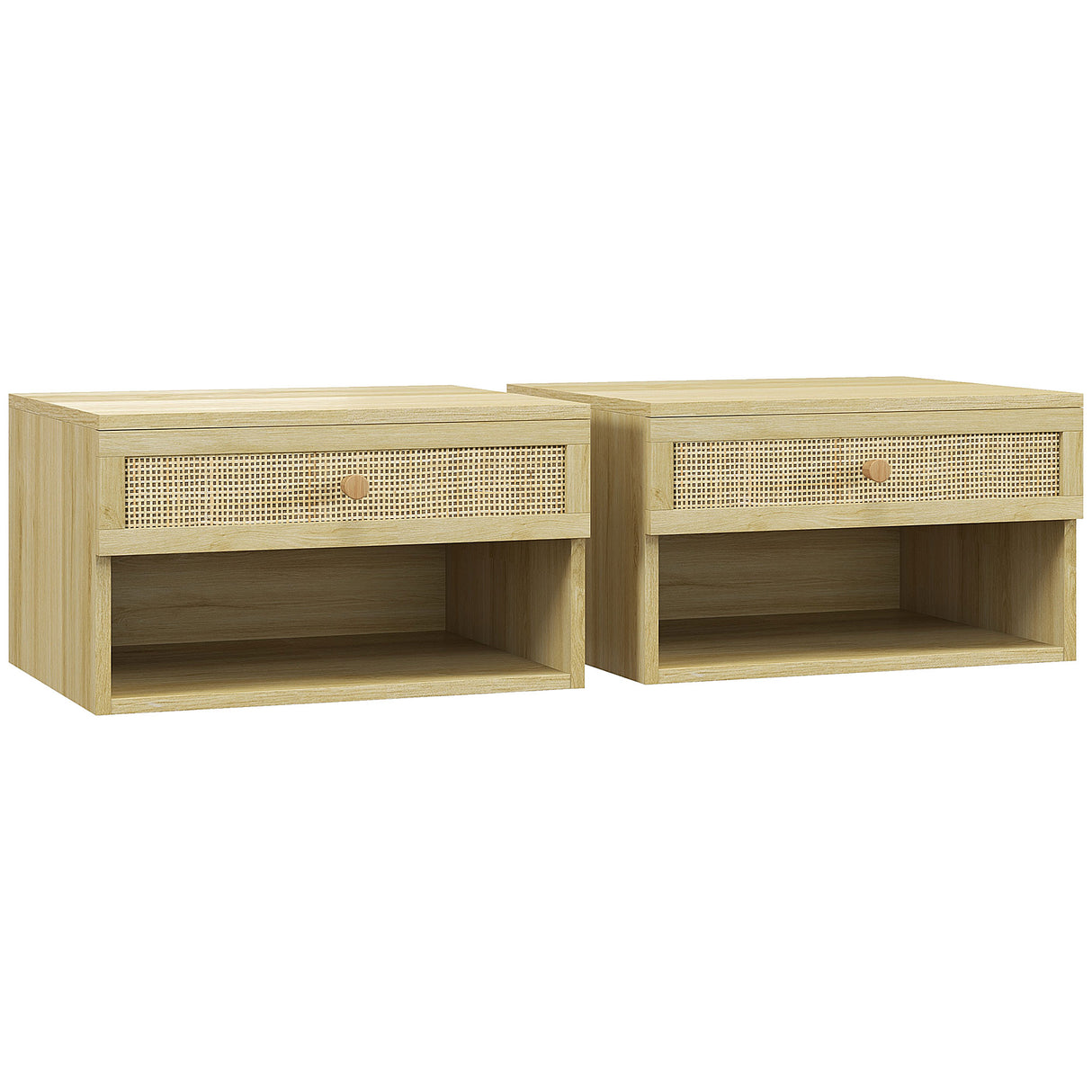 Wooden Bedside Cabinet 40cm Wide Wall Hung With 1 Rattan Drawer in Set Of 2 - Velmora