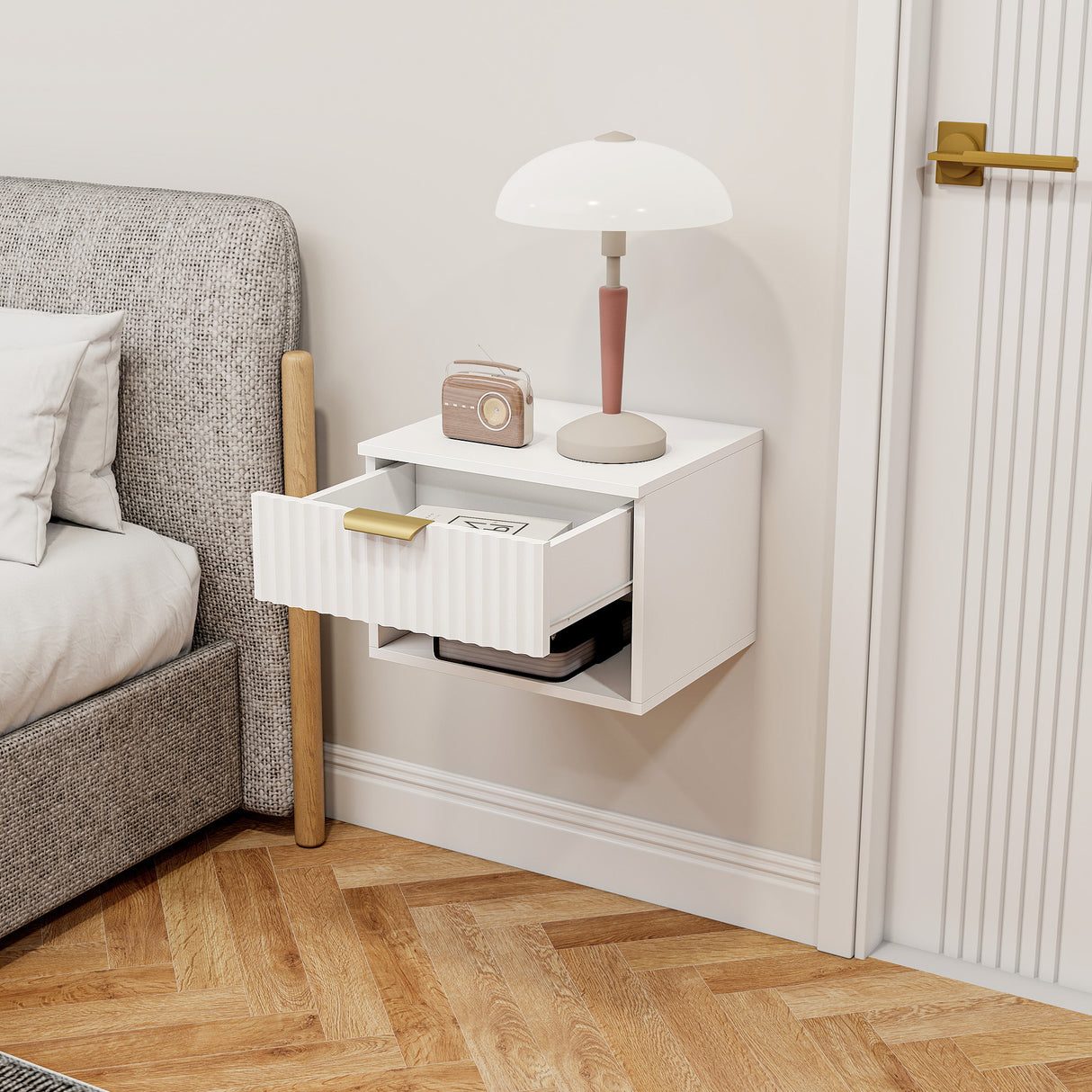 Wooden Bedside Cabinet 40cm Wide Wall Mounted With 1 Drawer And Open Shelf in Set Of 2 - Velmora