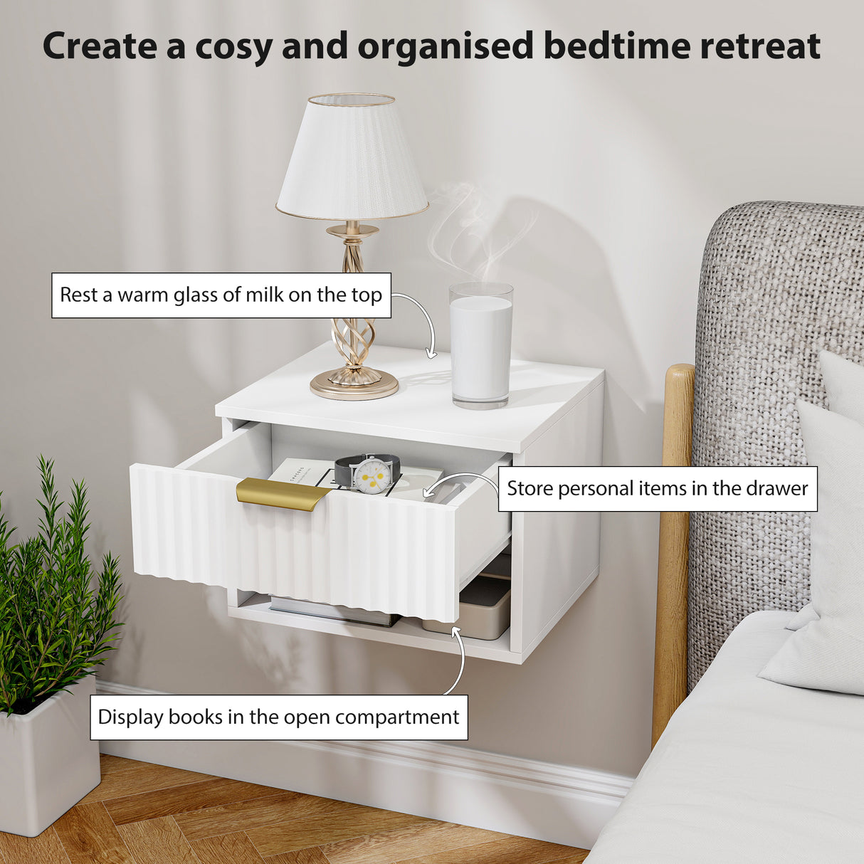 Wooden Bedside Cabinet 40cm Wide Wall Mounted With 1 Drawer And Open Shelf in Set Of 2 - Velmora