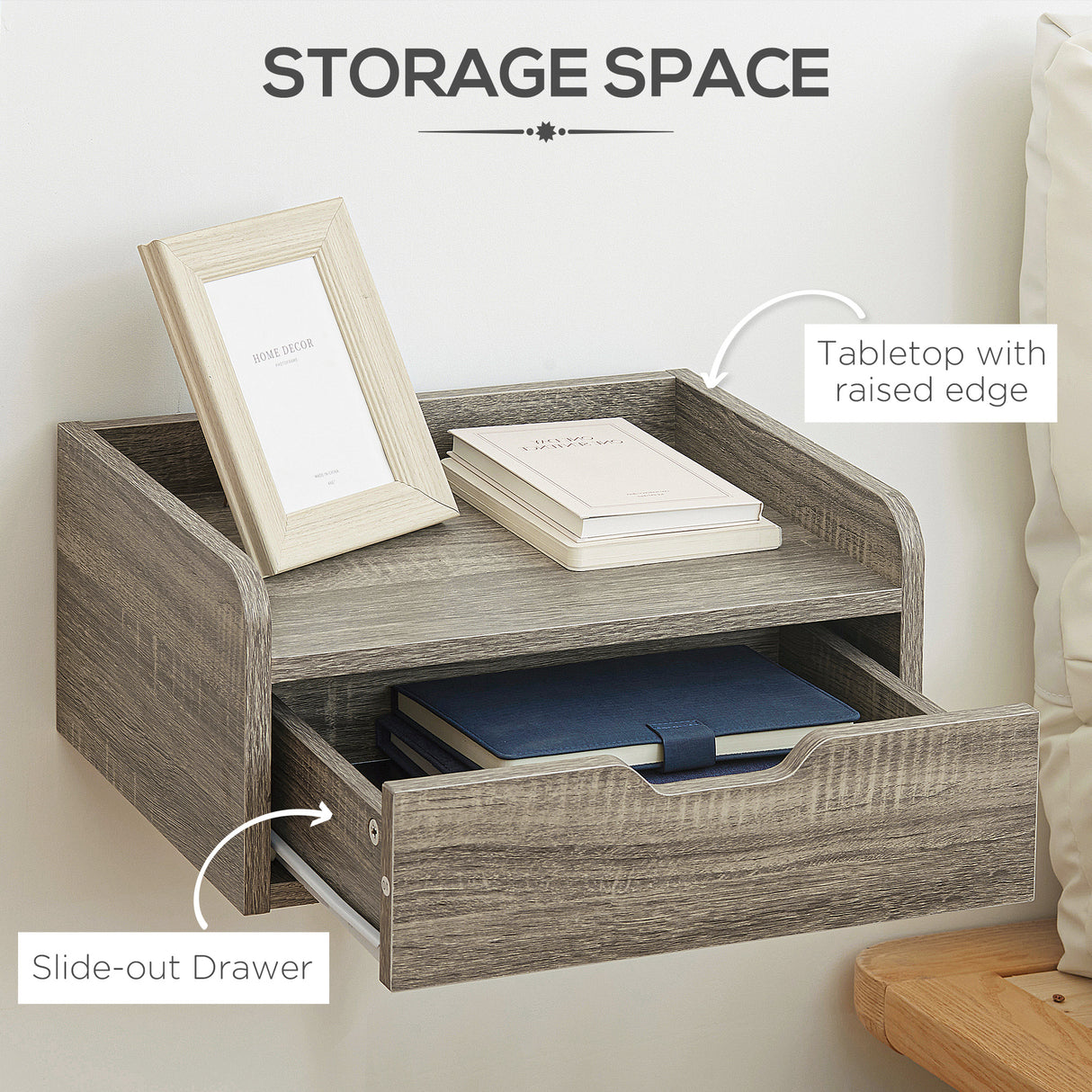 Wooden Bedside Cabinet 40cm Wide Wall Mounted With 1 Drawer in Set Of 2 - Velmora