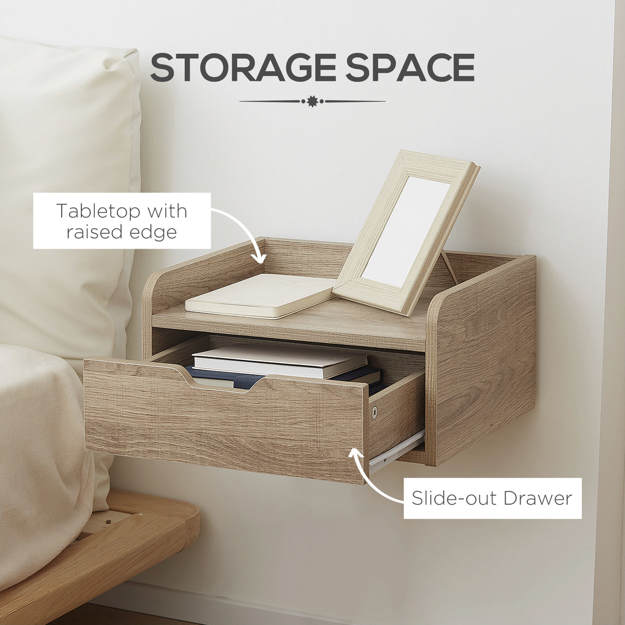 Wooden Bedside Cabinet 40cm Wide Wall Mounted With 1 Drawer in Set Of 2 - Velmora