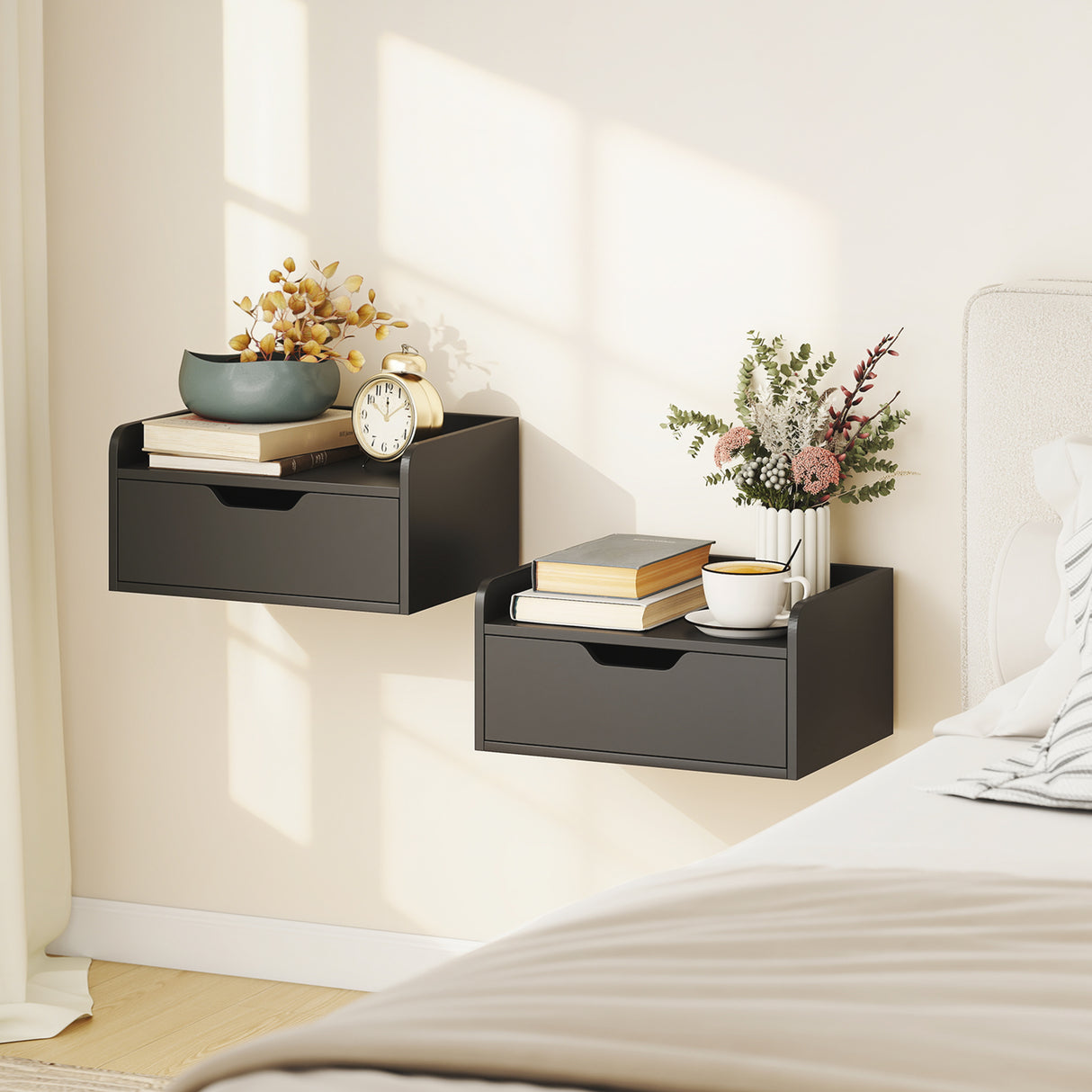 Wooden Bedside Cabinet 40cm Wide Wall Mounted With 1 Drawer in Set Of 2 - Velmora