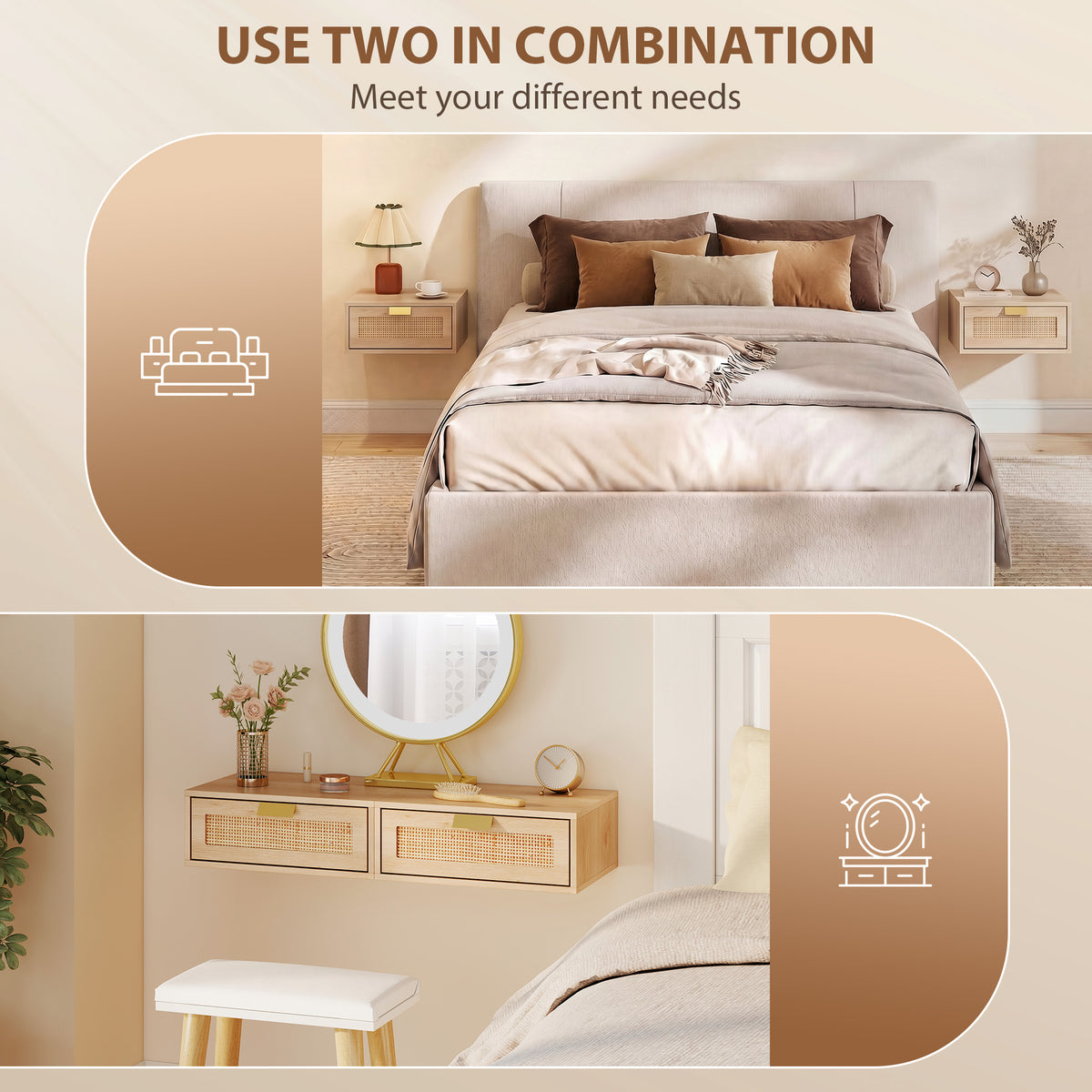 Wooden Bedside Cabinet 40cm Wide Wall Mounted With 1 Rattan Drawer in Set Of 2 - Velmora