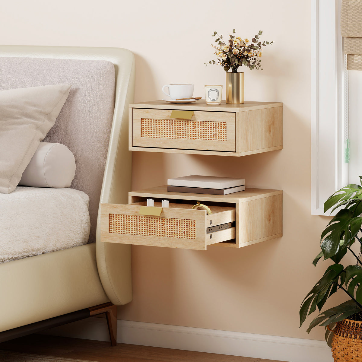 Wooden Bedside Cabinet 40cm Wide Wall Mounted With 1 Rattan Drawer in Set Of 2 - Velmora