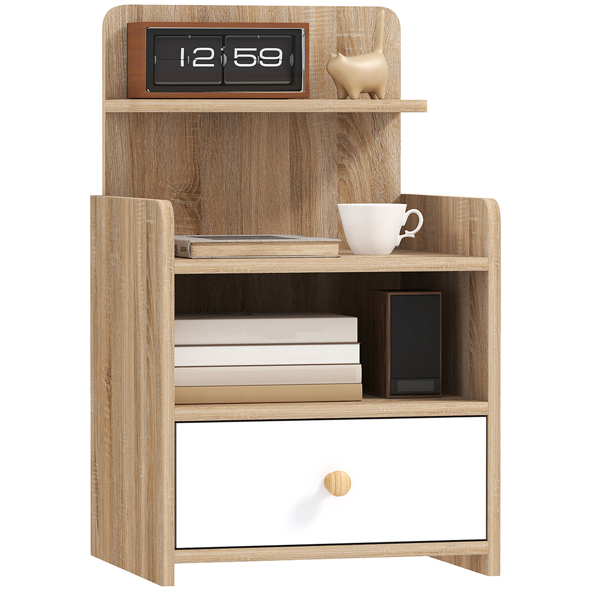 Wooden Bedside Cabinet 40cm Wide With 1 Drawer And 3 Shelves - Velmora
