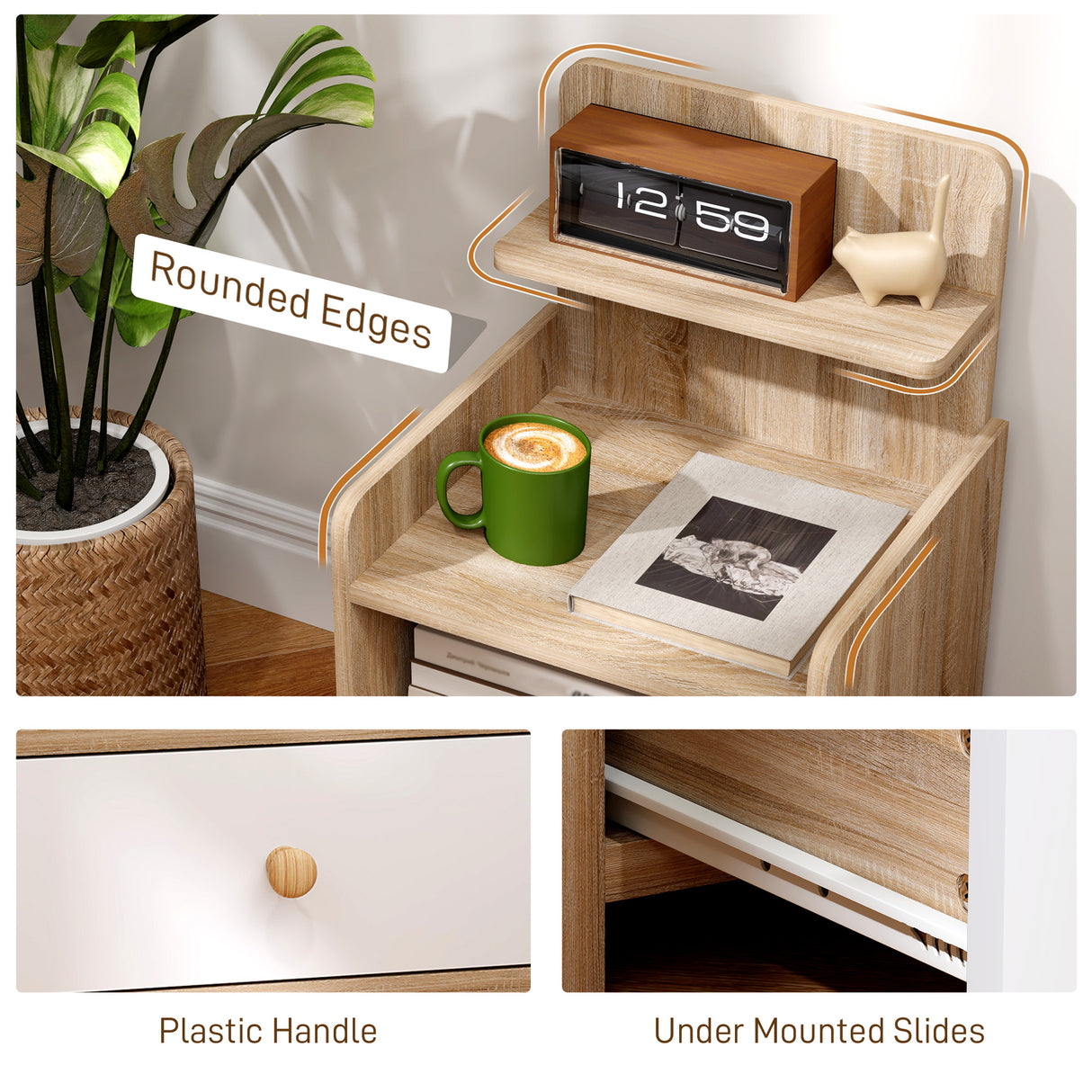 Wooden Bedside Cabinet 40cm Wide With 1 Drawer And 3 Shelves - Velmora