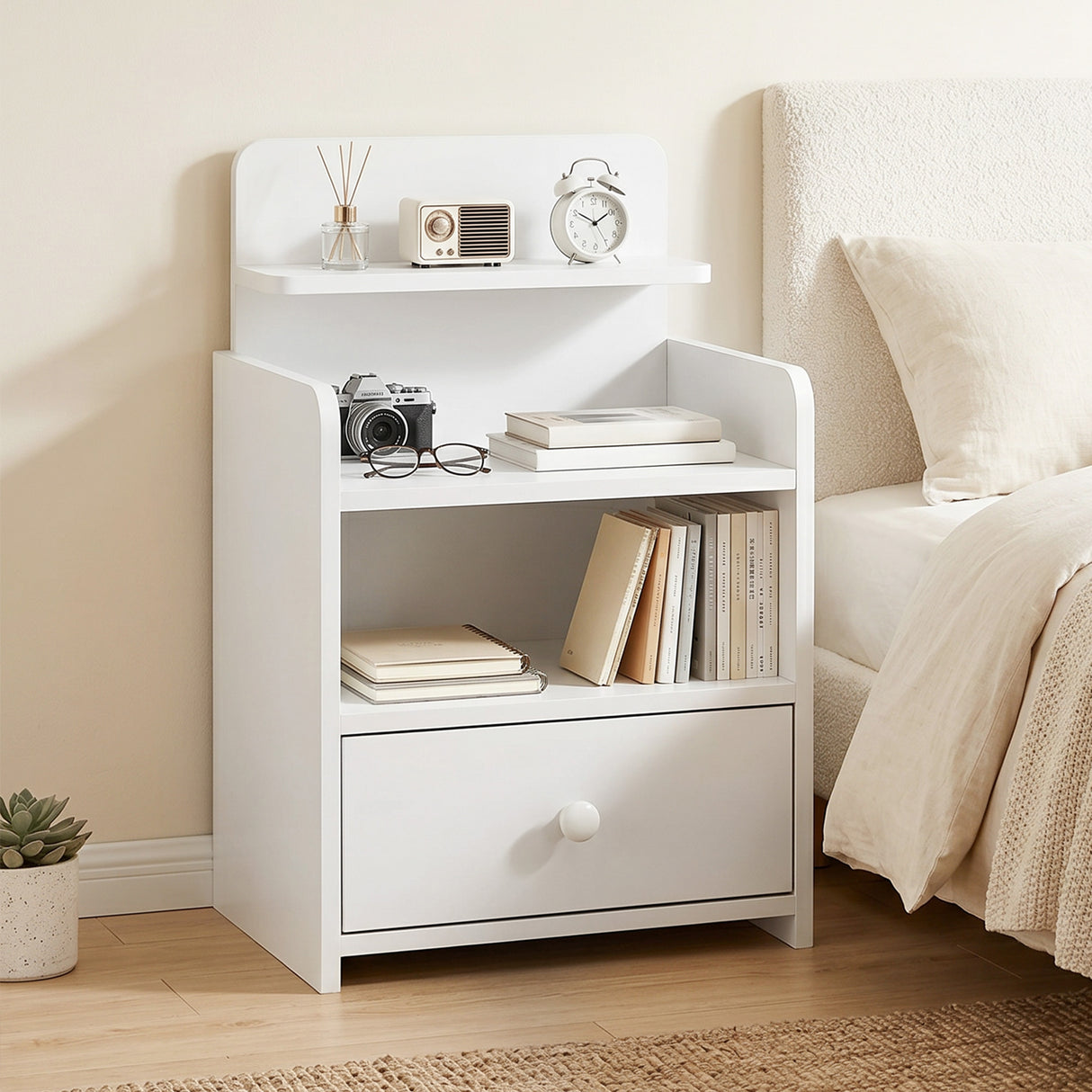 Wooden Bedside Cabinet 40cm Wide With 1 Drawer And 3 Shelves - Velmora