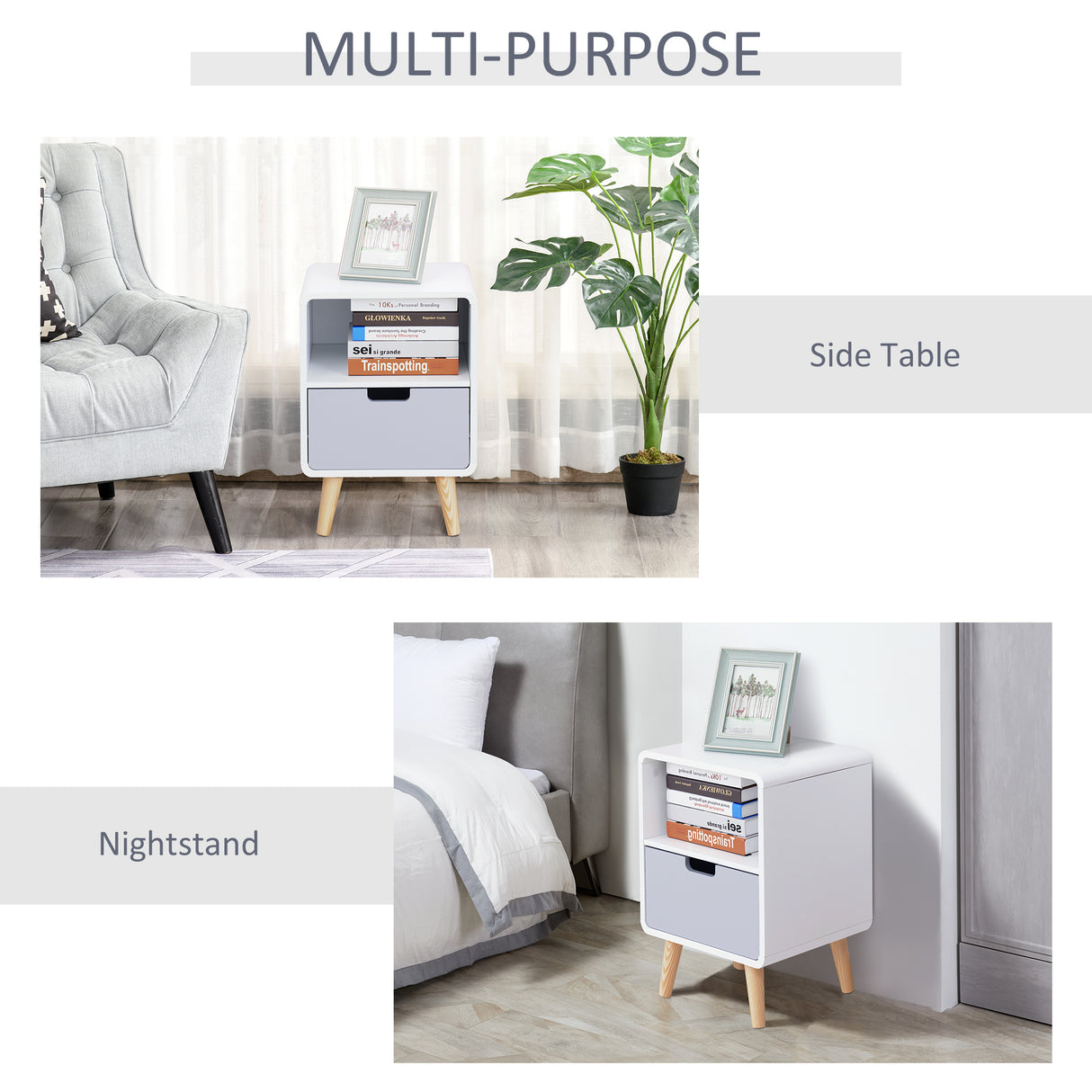 Wooden Bedside Cabinet 40cm Wide With 1 Drawer And Pine Legs - Velmora