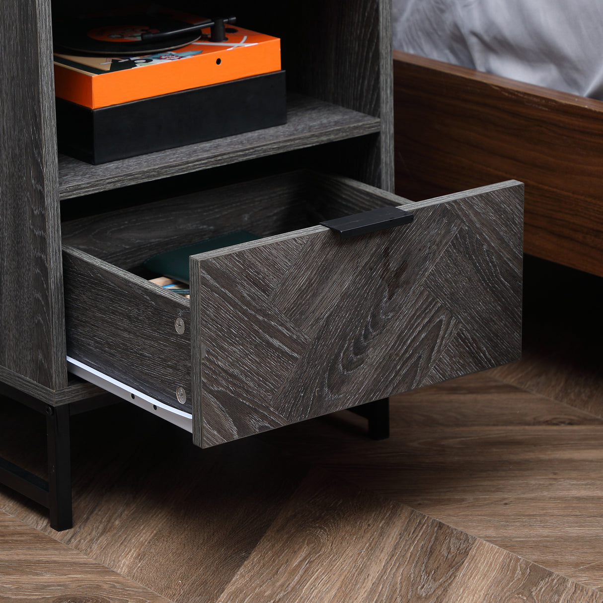 Wooden Bedside Cabinet 40cm Wide With 1 Drawer And Steel Frame - Velmora