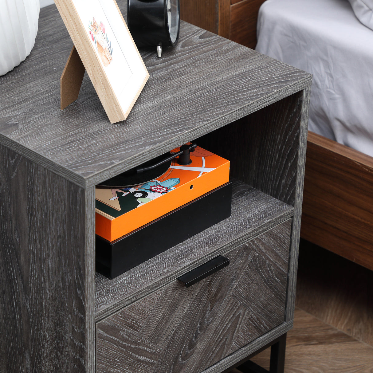 Wooden Bedside Cabinet 40cm Wide With 1 Drawer And Steel Frame - Velmora