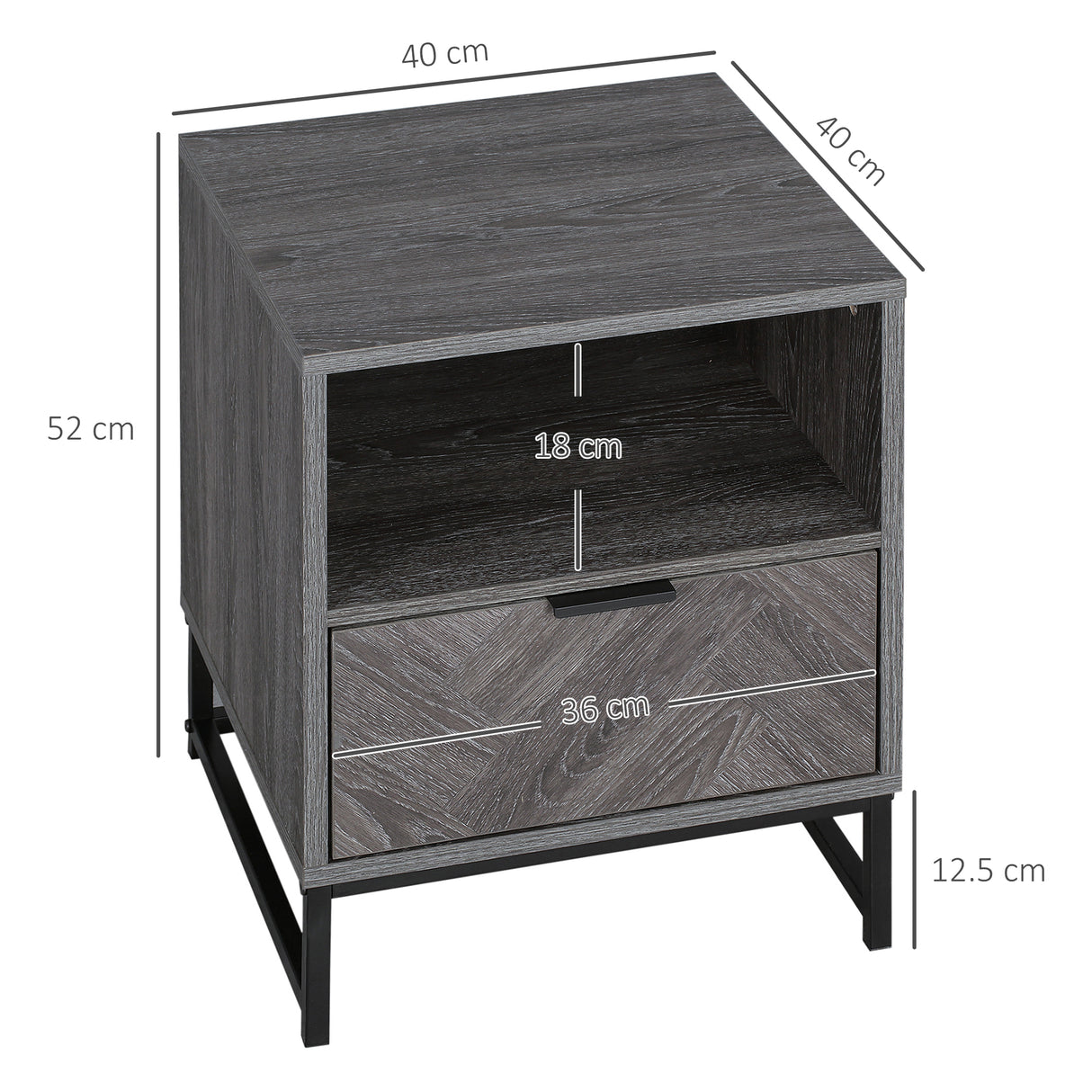 Wooden Bedside Cabinet 40cm Wide With 1 Drawer And Steel Frame - Velmora