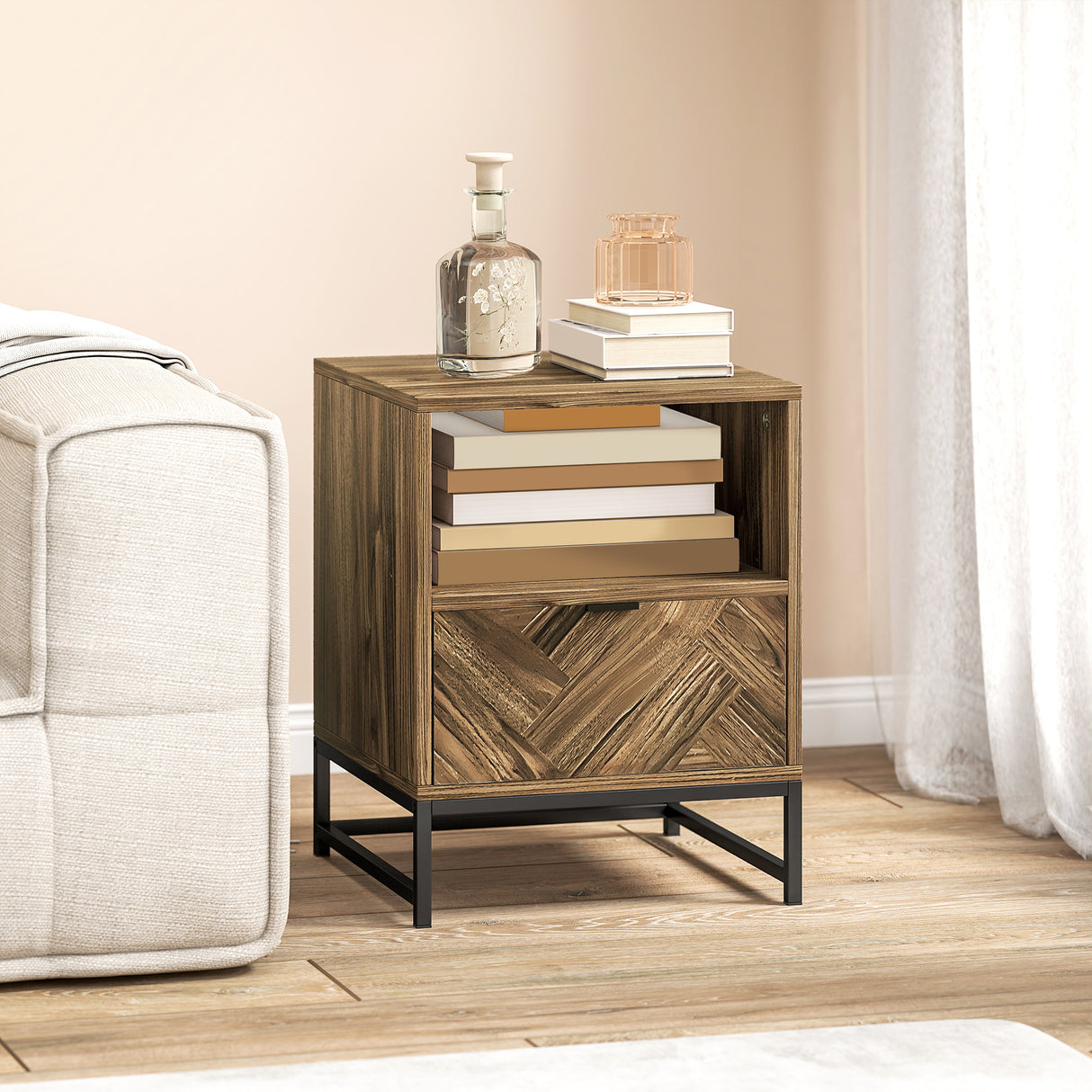 Wooden Bedside Cabinet 40cm Wide With 1 Drawer And Steel Frame - Velmora