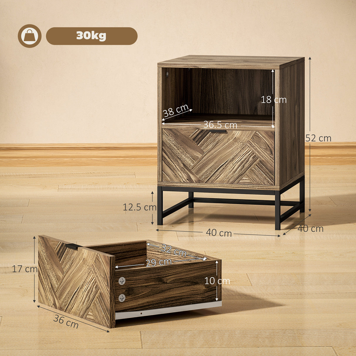 Wooden Bedside Cabinet 40cm Wide With 1 Drawer And Steel Frame - Velmora