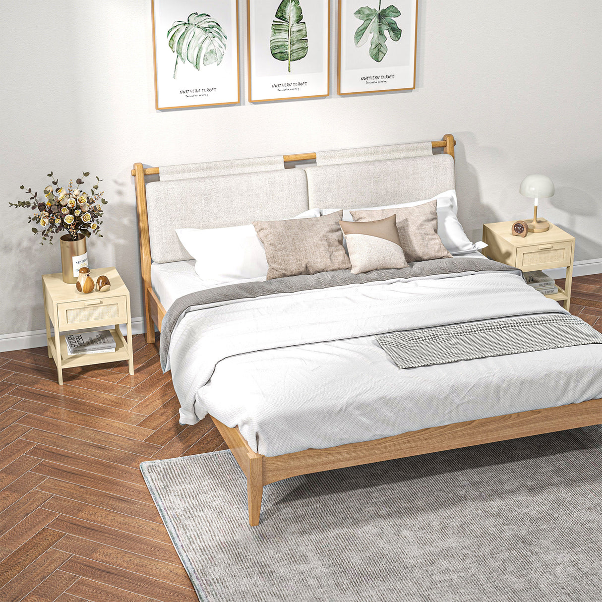 Wooden Bedside Cabinet 40cm Wide With 1 Rattan Drawer And Open Shelf in Set Of 2 - Velmora