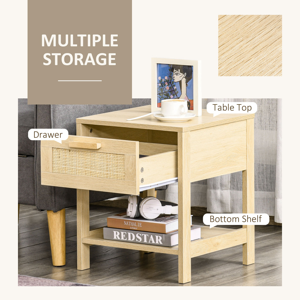 Wooden Bedside Cabinet 40cm Wide With 1 Rattan Drawer And Open Shelf in Set Of 2 - Velmora