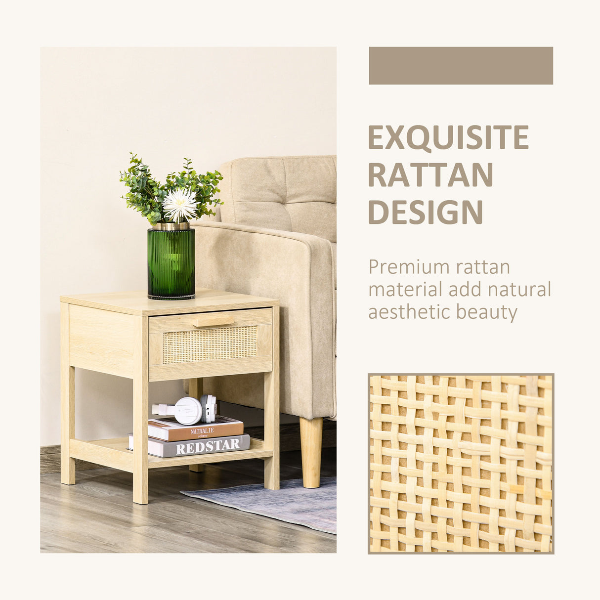 Wooden Bedside Cabinet 40cm Wide With 1 Rattan Drawer And Open Shelf in Set Of 2 - Velmora
