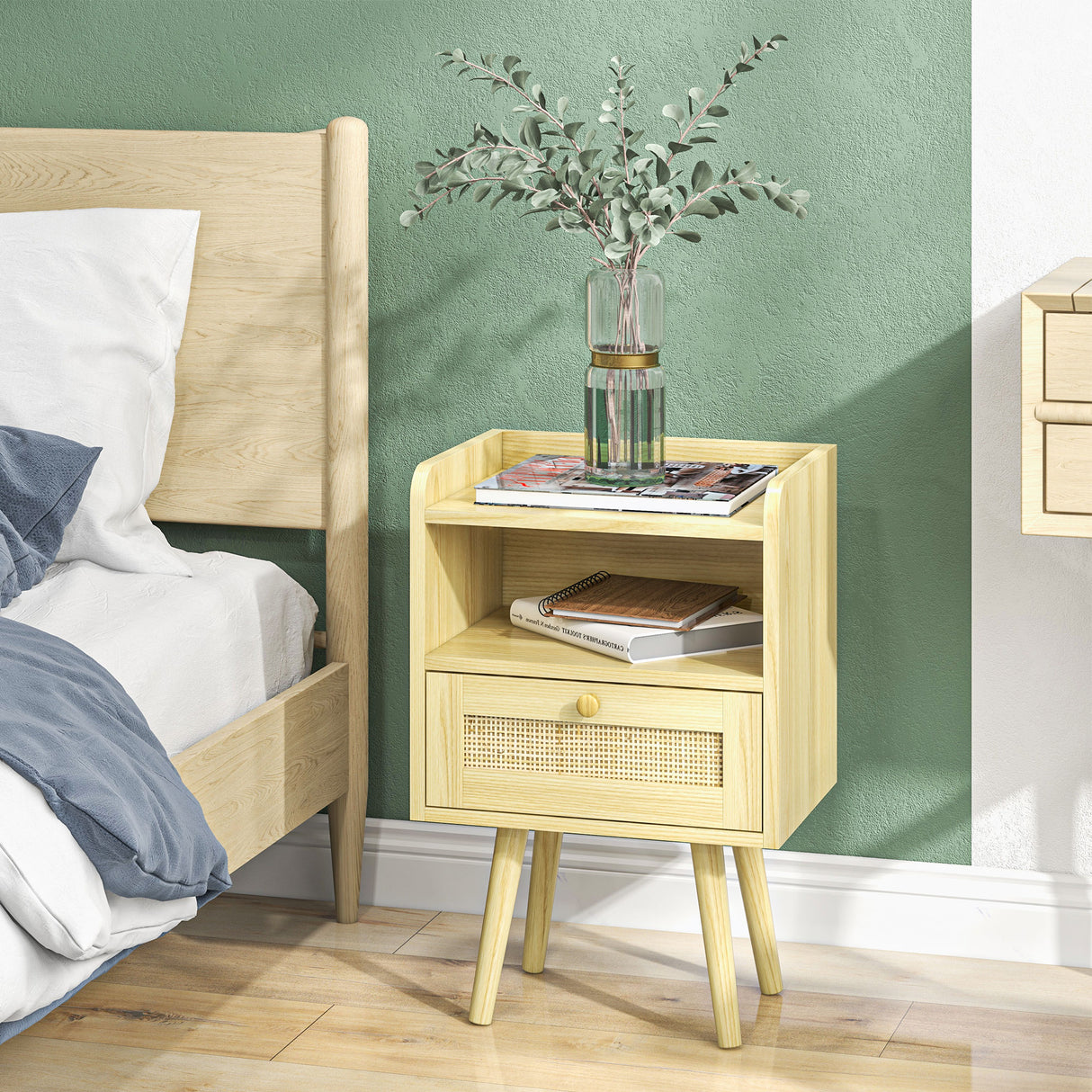Wooden Bedside Cabinet 40cm Wide With 1 Rattan Drawer in Set Of 2 - Velmora