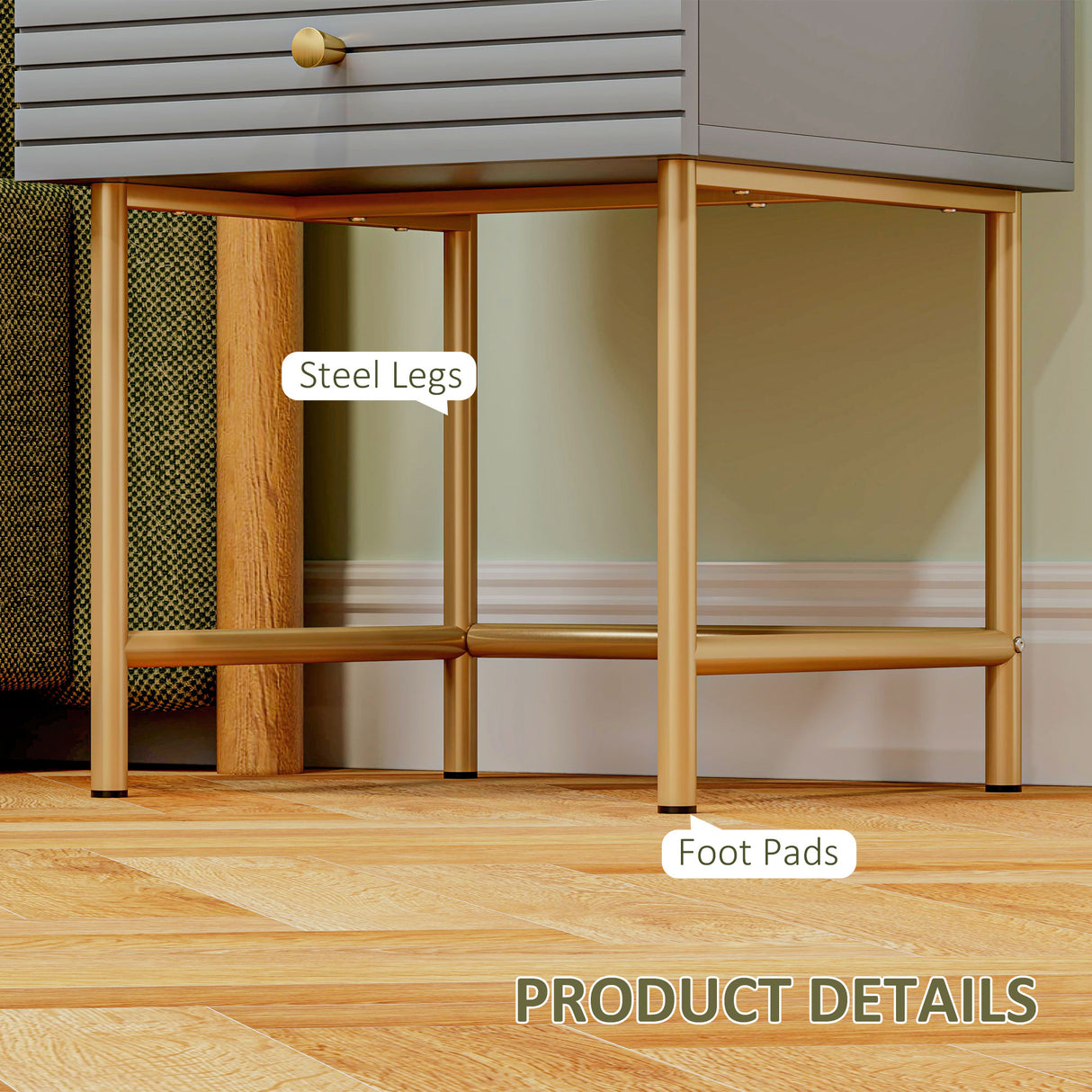 Wooden Bedside Cabinet 40cm Wide With 2 Drawers And Gold Frame - Velmora