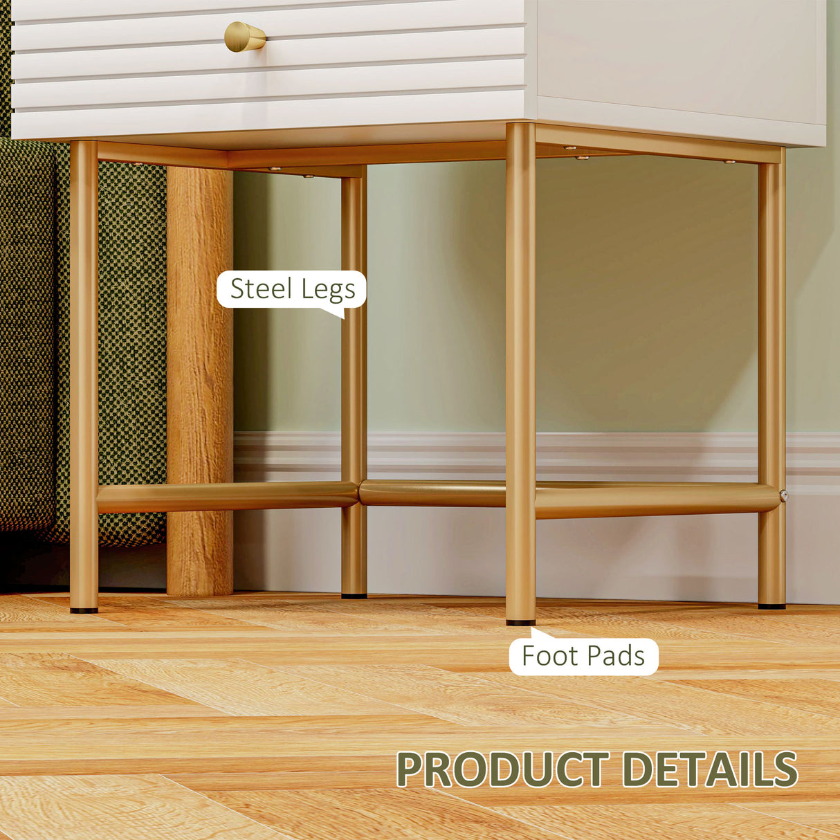 Wooden Bedside Cabinet 40cm Wide With 2 Drawers And Gold Frame - Velmora