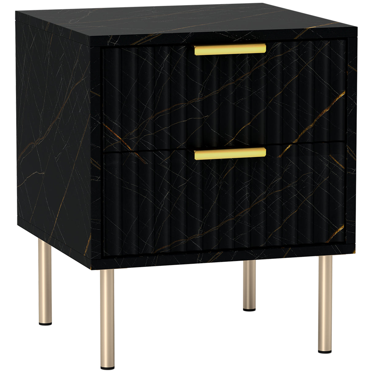 Wooden Bedside Cabinet 40cm Wide With 2 Drawers And Gold Handles Legs - Velmora